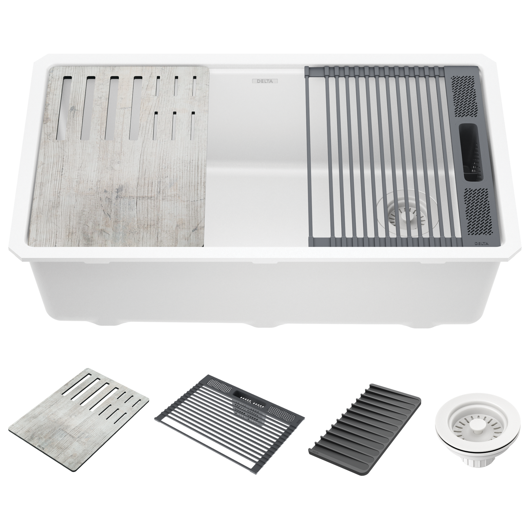Lavabo de cocina tipo estación de trabajo con un receptáculo de compuesto de granito de 32" de montaje bajo encimera, con reborde WorkFlow™ y accesorios