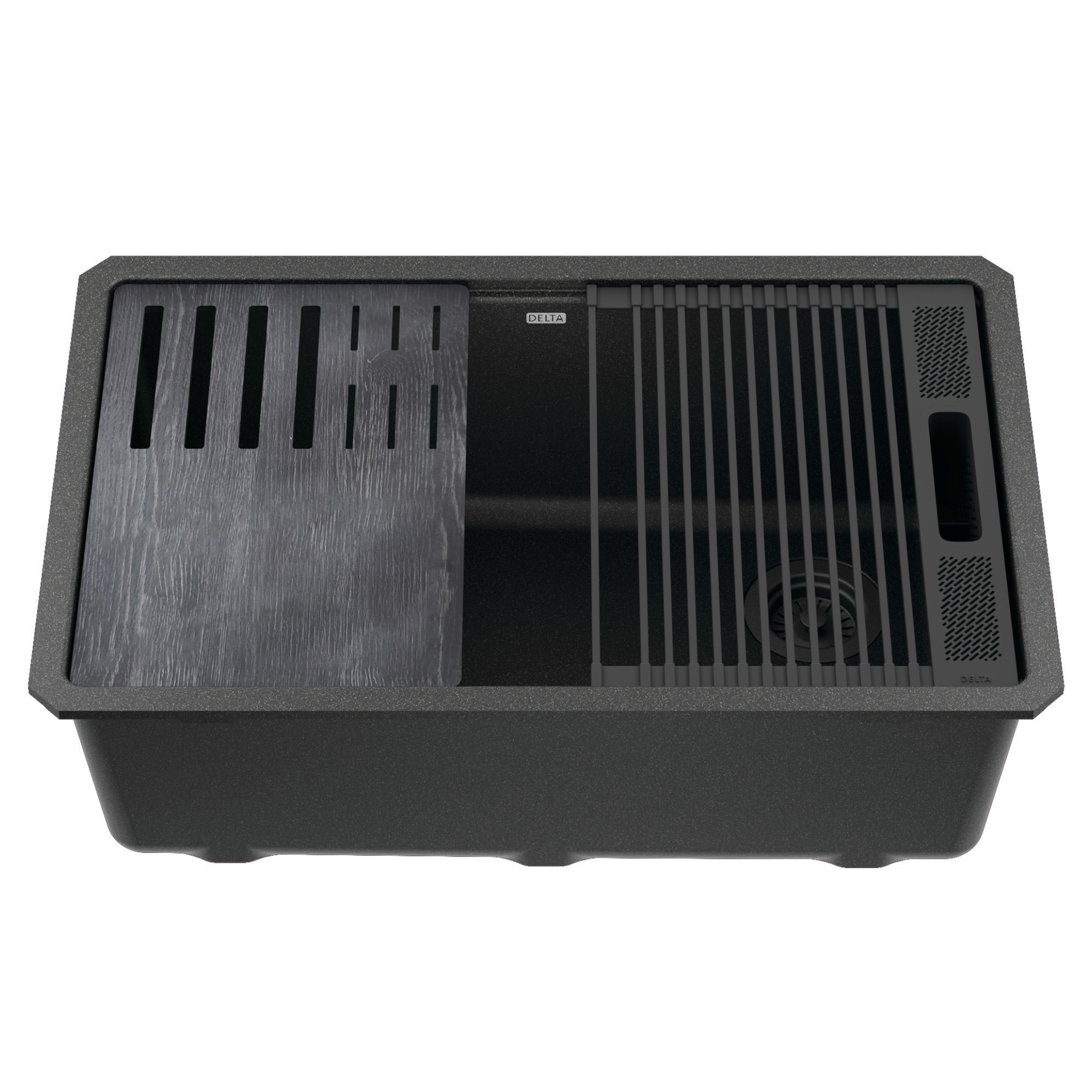 Lavabo de cocina tipo estación de trabajo con un receptáculo de compuesto de granito de 30" de montaje bajo encimera, con reborde WorkFlow™ y accesorios en negro metálico, imagen 16