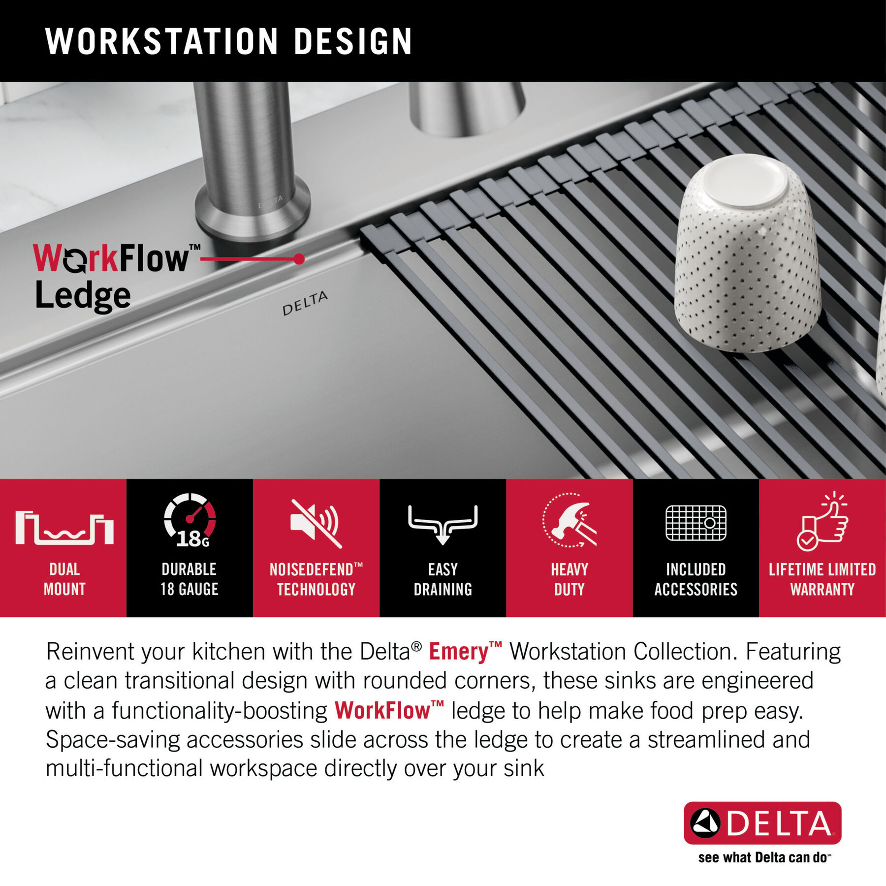 Lavabo de cocina tipo estación de trabajo con un receptáculo de acero inoxidable de 33" de montaje bajo encimera encastrado, con reborde WorkFlow™ y accesorios, imagen 7