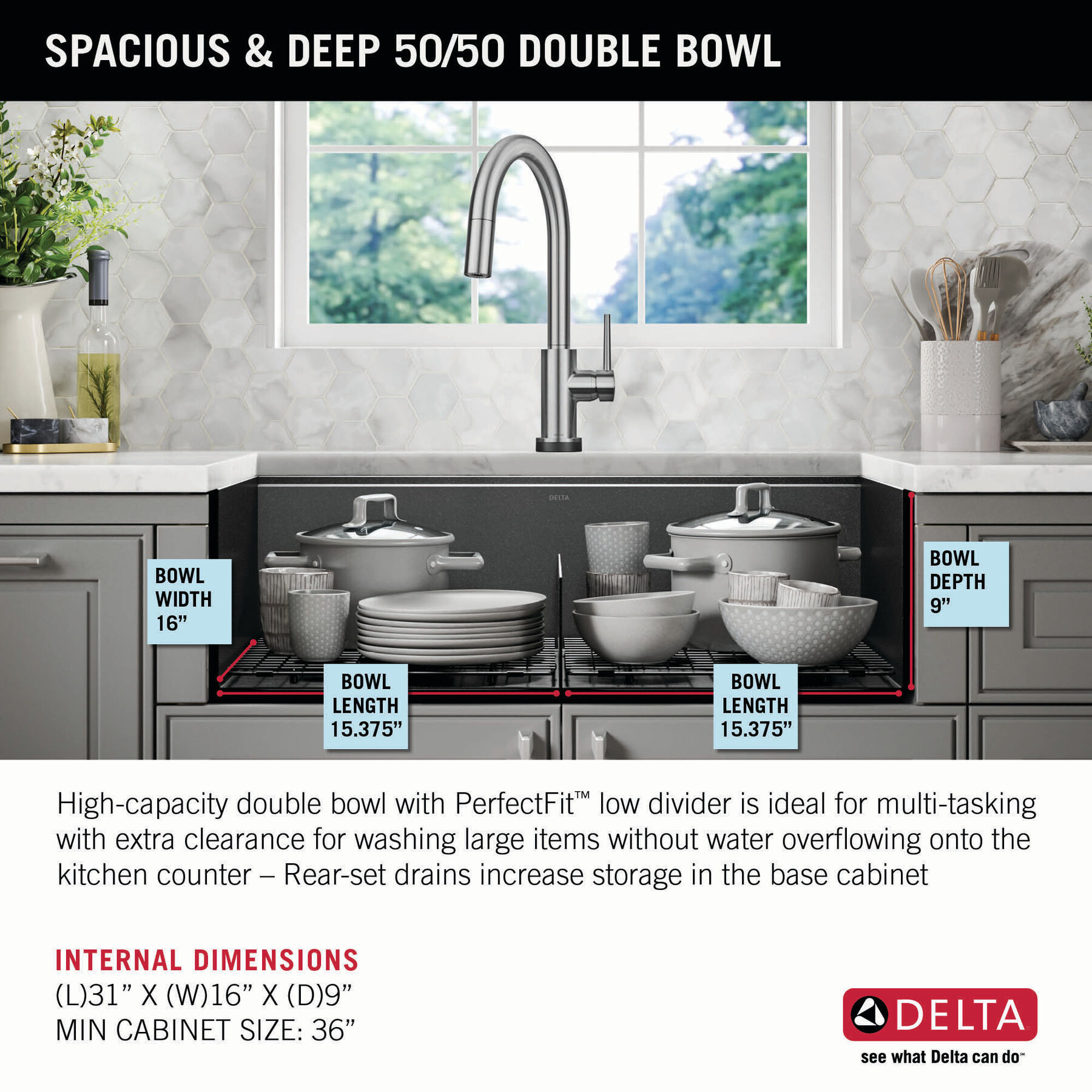 Lavabo de cocina tipo estación de trabajo con dos receptáculos calibre 16 de 33" de montaje bajo encimera, con reborde WorkFlow™ y accesorios, imagen 4