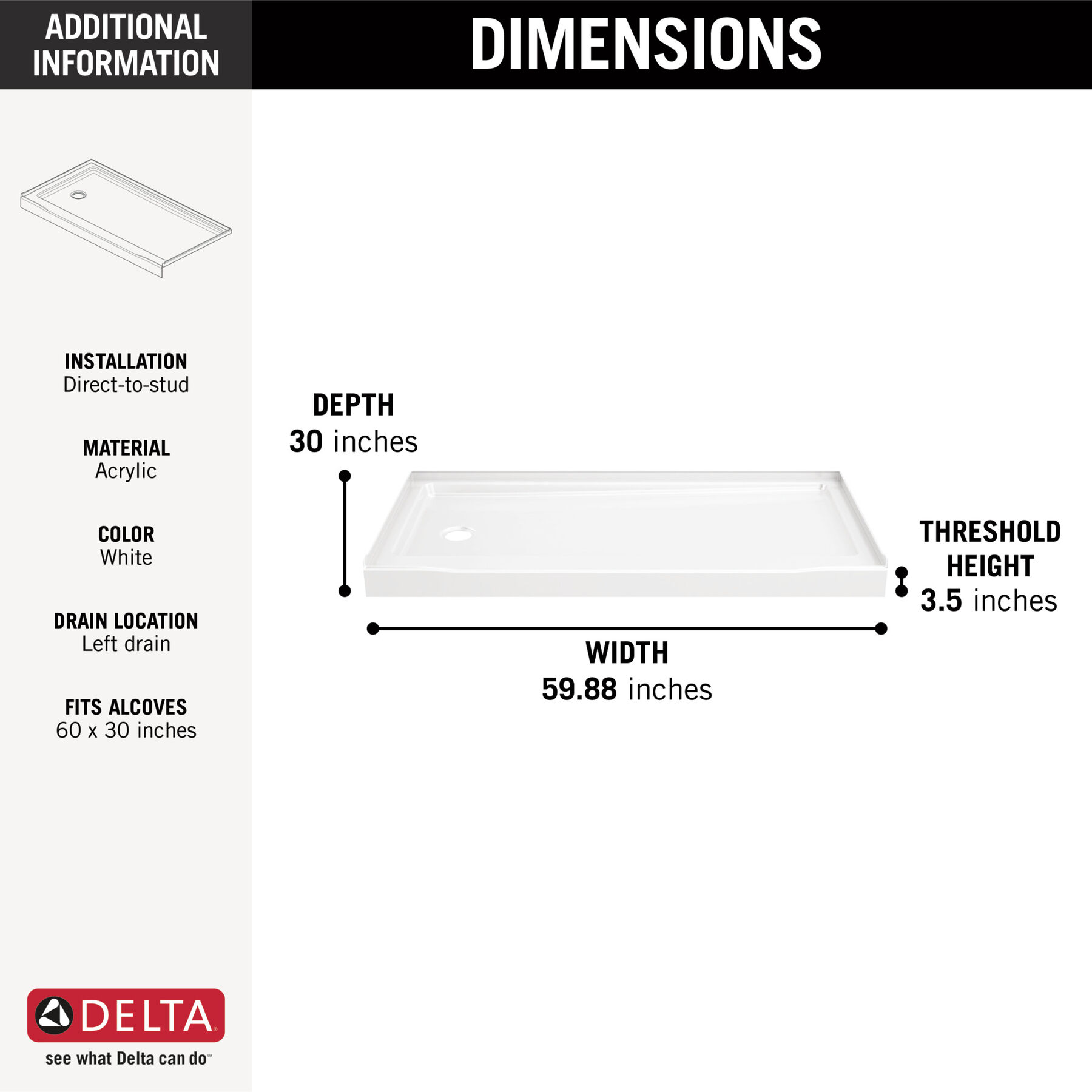 Classic 500 Shower Base 60"x30" Left Drain, image 8