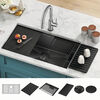 Lavabo de cocina tipo estación de trabajo con un receptáculo calibre 16 de 32" de montaje bajo encimera, con reborde WorkFlow™ y accesorios