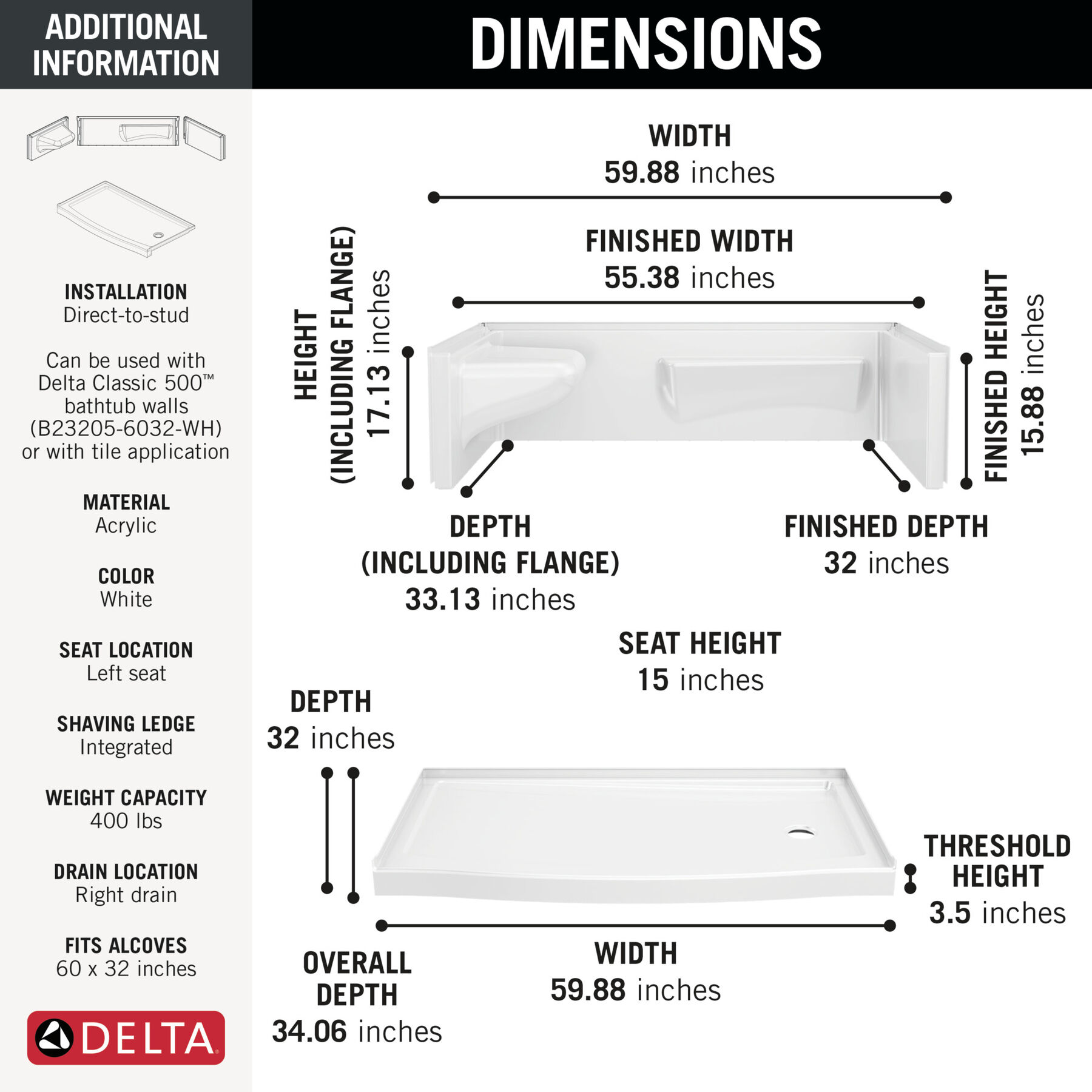60x32 Alcove Shower Bundle - Left Seat Right Drain Curve, image 1