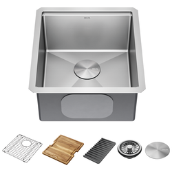 Lavabo de cocina para barra/preparación de alimentos tipo estación de trabajo con un receptáculo de acero inoxidable calibre 16 de 17" de montaje bajo encimera, con reborde WorkFlow™ y accesorios
