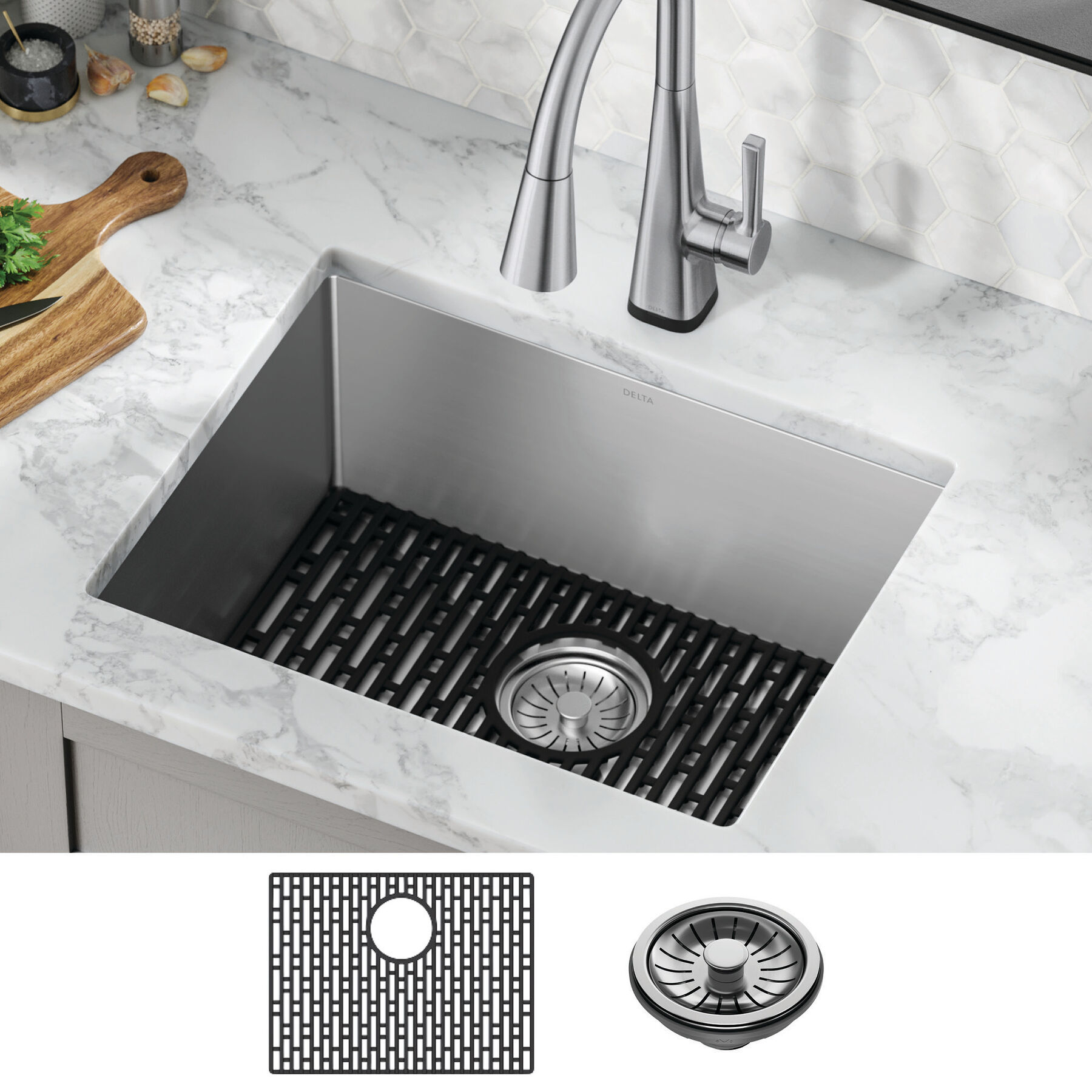 Lavabo de cocina con un receptáculo de acero inoxidable de 23" de montaje bajo encimera con accesorios, imagen 10