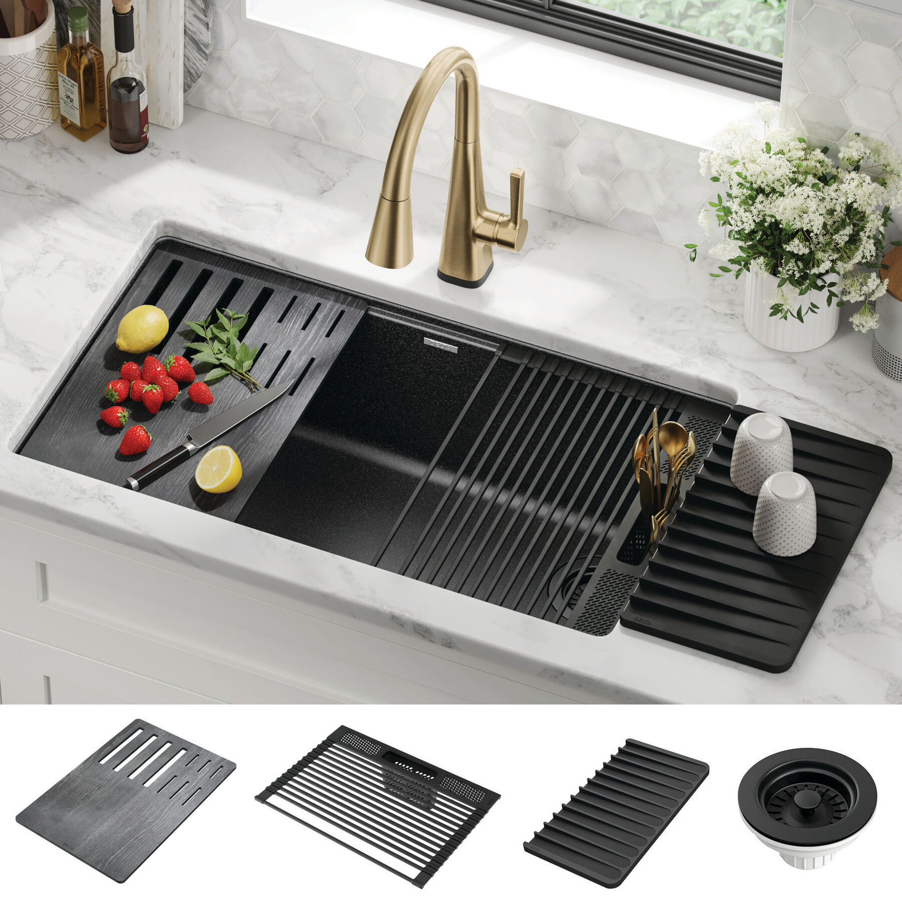 Lavabo de cocina tipo estación de trabajo con un receptáculo de compuesto de granito de 32" de montaje bajo encimera, con reborde WorkFlow™ y accesorios, imagen 9