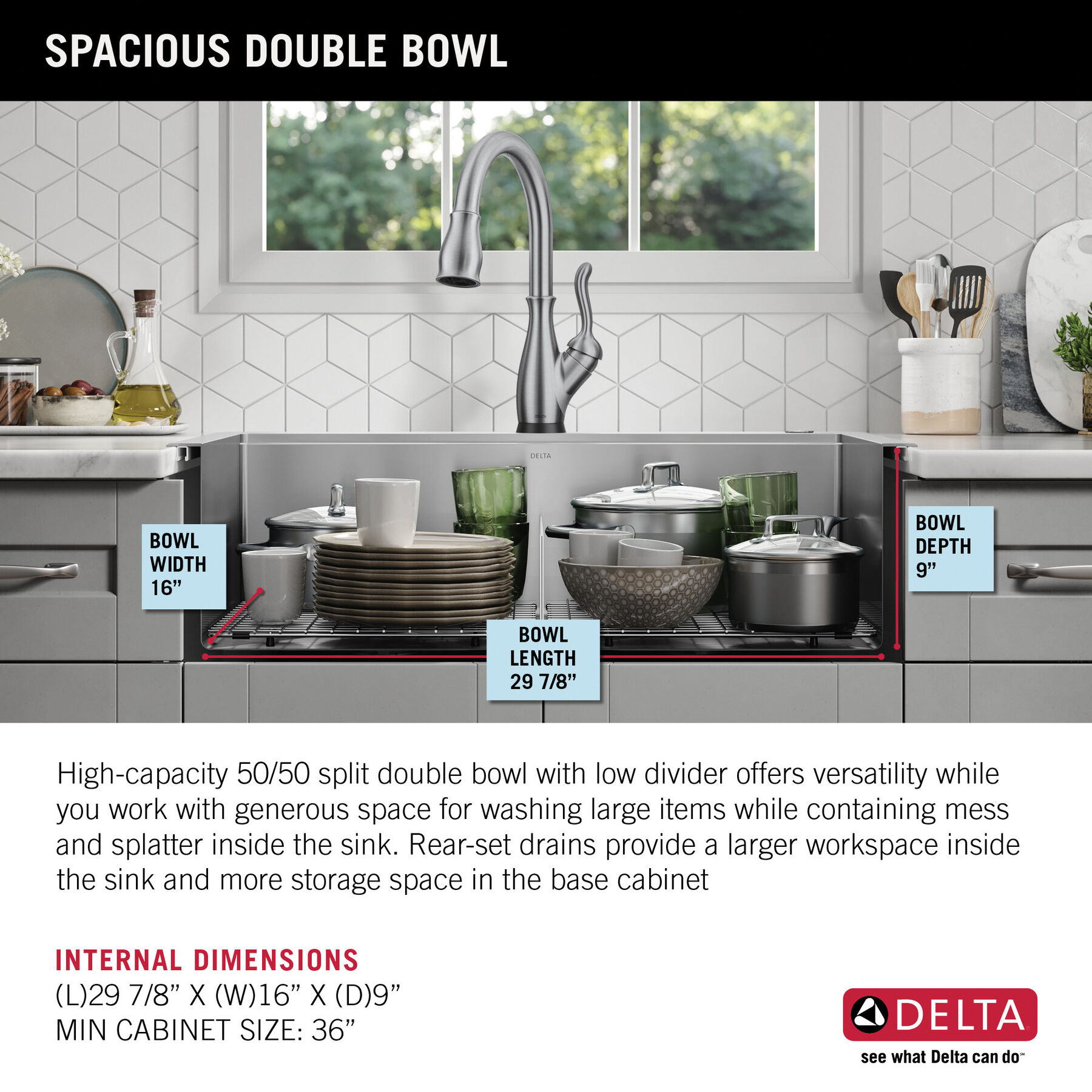 Lavabo de cocina tipo estación de trabajo con dos receptáculos de acero inoxidable calibre 16 de 33" de montaje superior encastrado, con reborde WorkFlow™ y accesorios, imagen 4