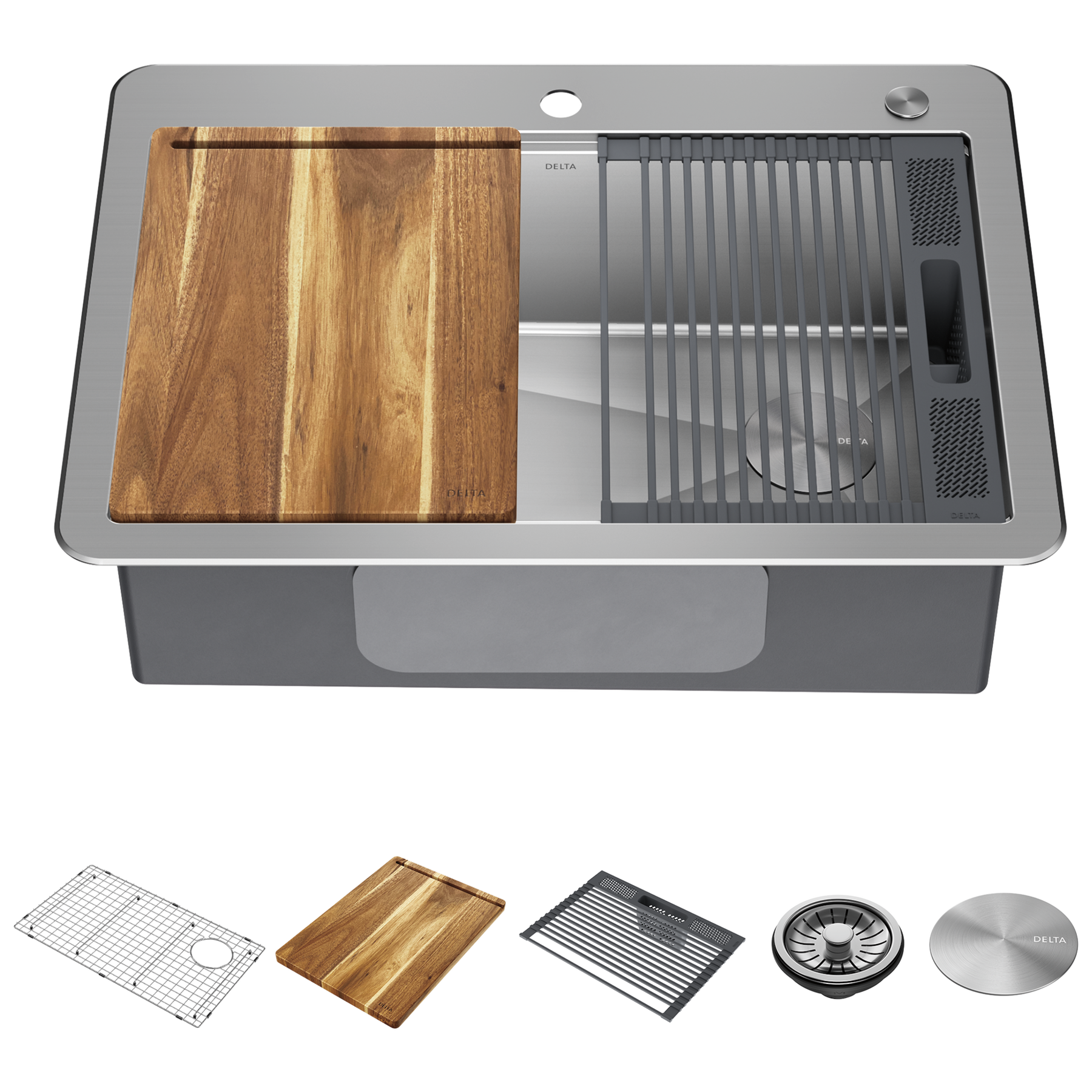 Lavabo de cocina tipo estación de trabajo con un receptáculo de acero inoxidable de 30" de montaje superior encastrado, con reborde WorkFlow™ y accesorios