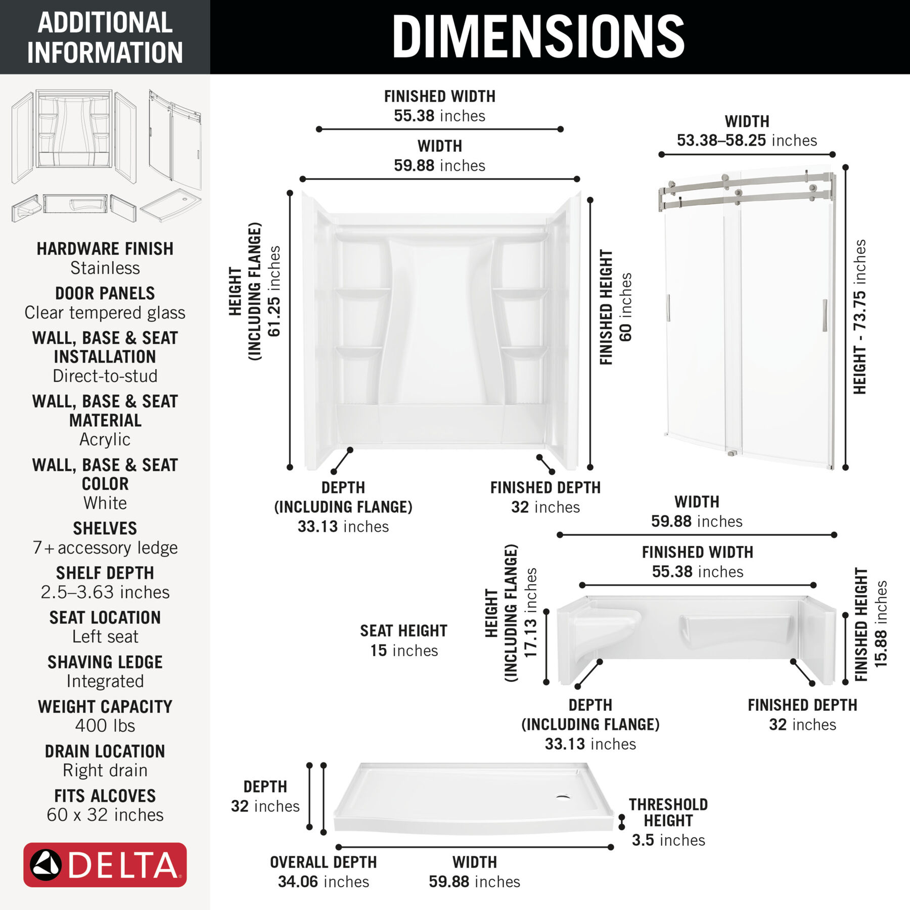 60x32 Alcove Shower Bundle with Door - Left Seat Right Drain Curve, image 3