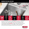 Lavabo de cocina para barra/preparación de alimentos tipo estación de trabajo con un receptáculo de acero inoxidable calibre 16 de 17" de montaje bajo encimera, con reborde WorkFlow™ y accesorios