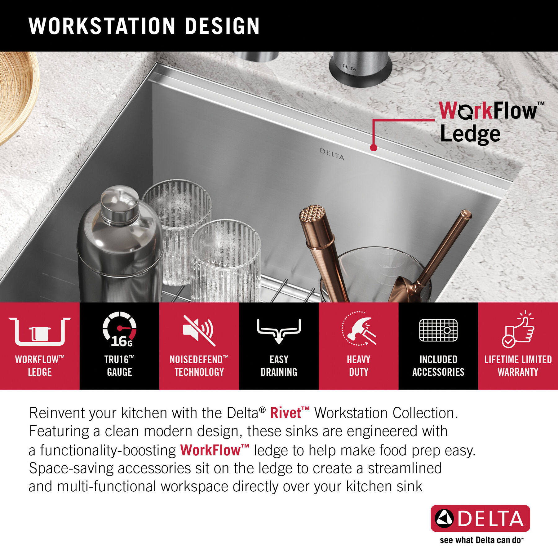 Lavabo de cocina para barra/preparación de alimentos tipo estación de trabajo con un receptáculo de acero inoxidable calibre 16 de 17" de montaje bajo encimera, con reborde WorkFlow™ y accesorios, imagen 6