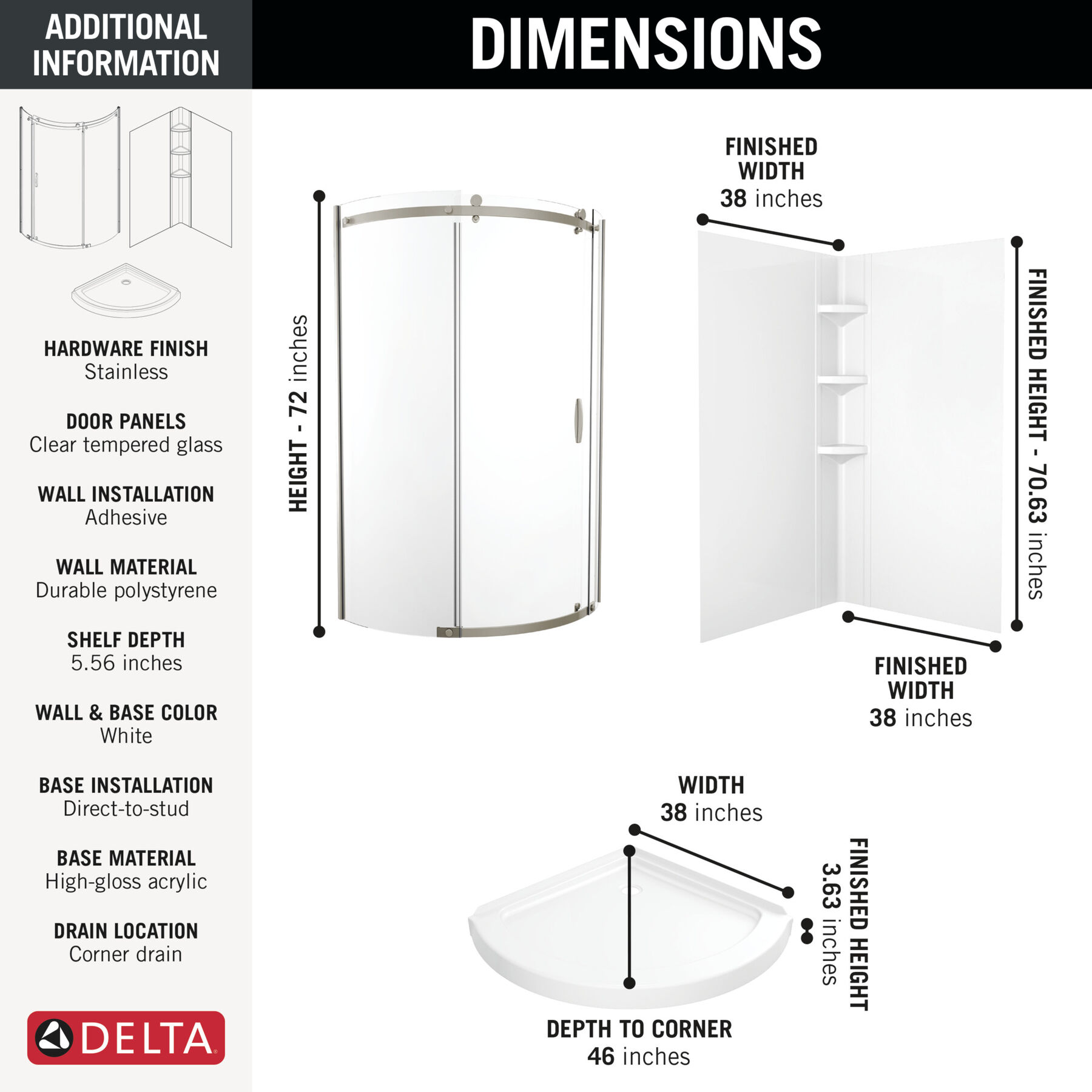 38x38 Corner Shower Bundle with Door - Frameless Round with Glue Up Wall Set, image 1