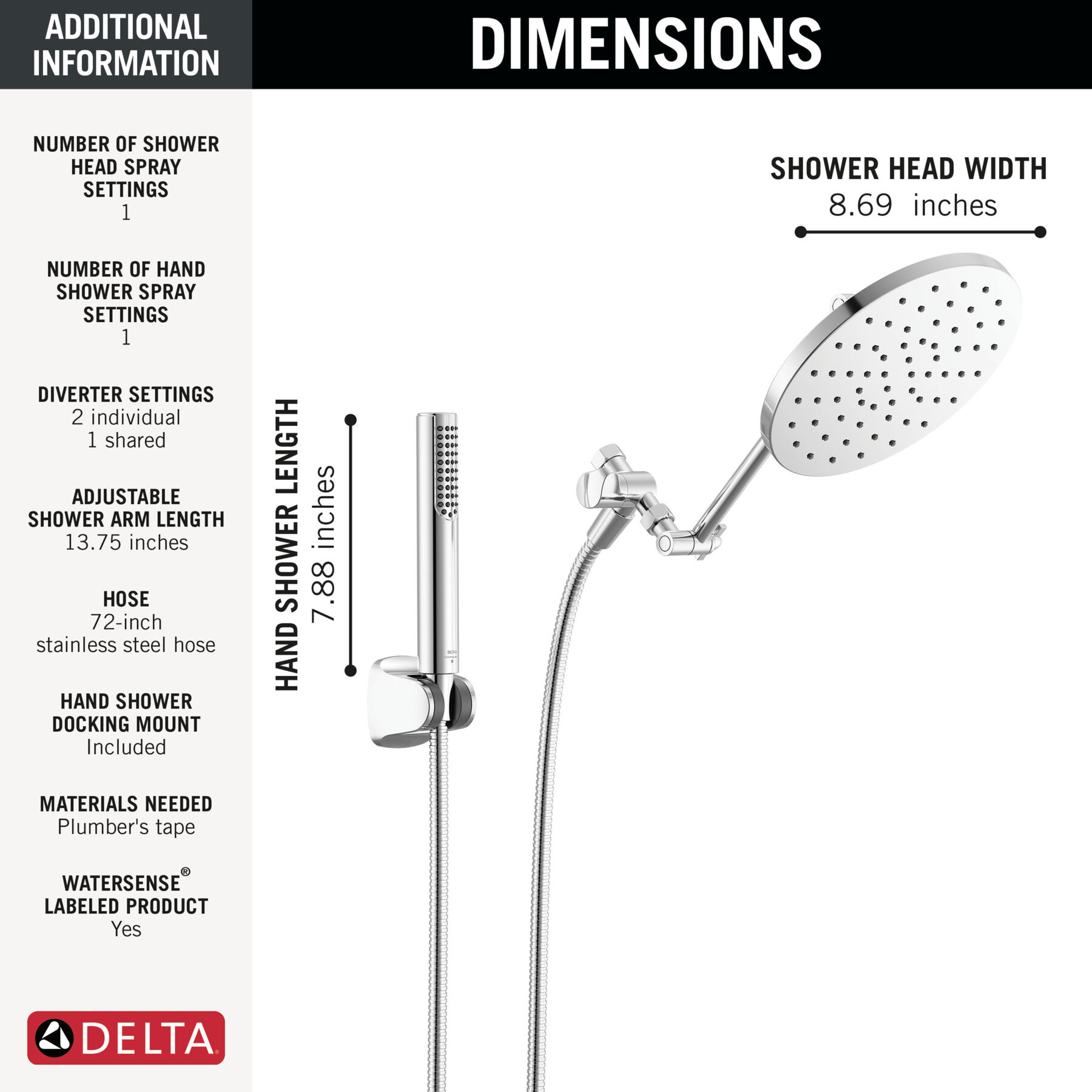 Adjustable Raincan Shower Head with Hand Shower, image 12
