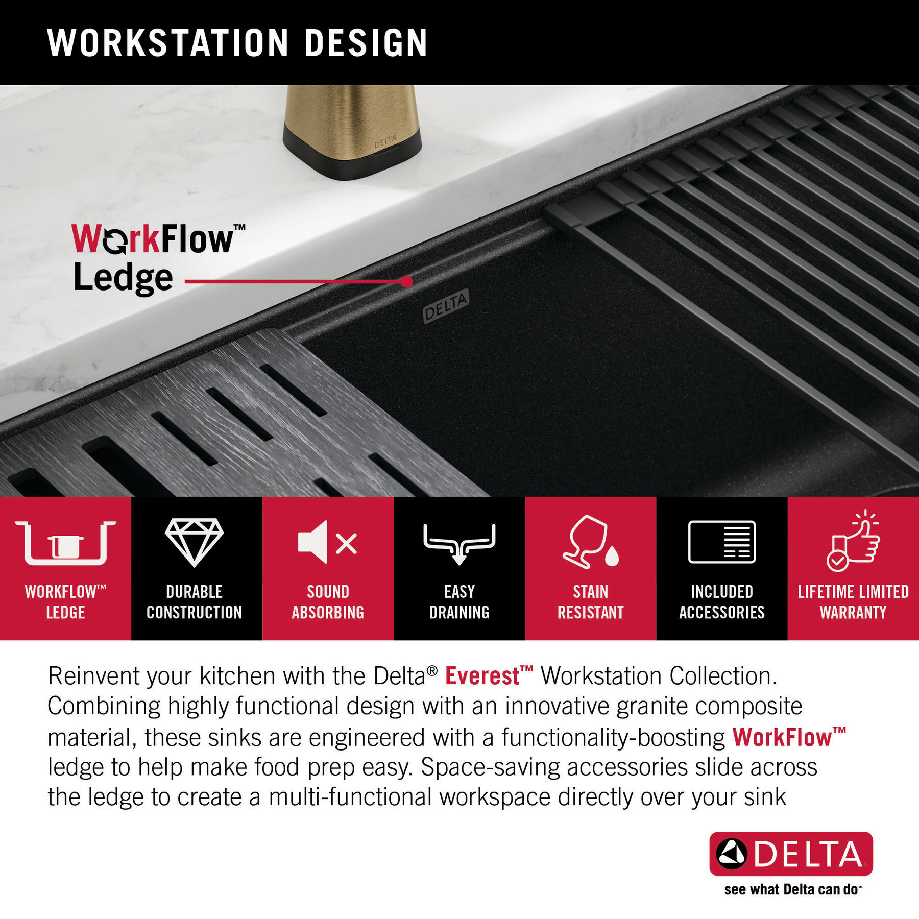 Lavabo de cocina tipo estación de trabajo con un receptáculo de compuesto de granito de 30" de montaje bajo encimera, con reborde WorkFlow™ y accesorios en negro metálico, imagen 6