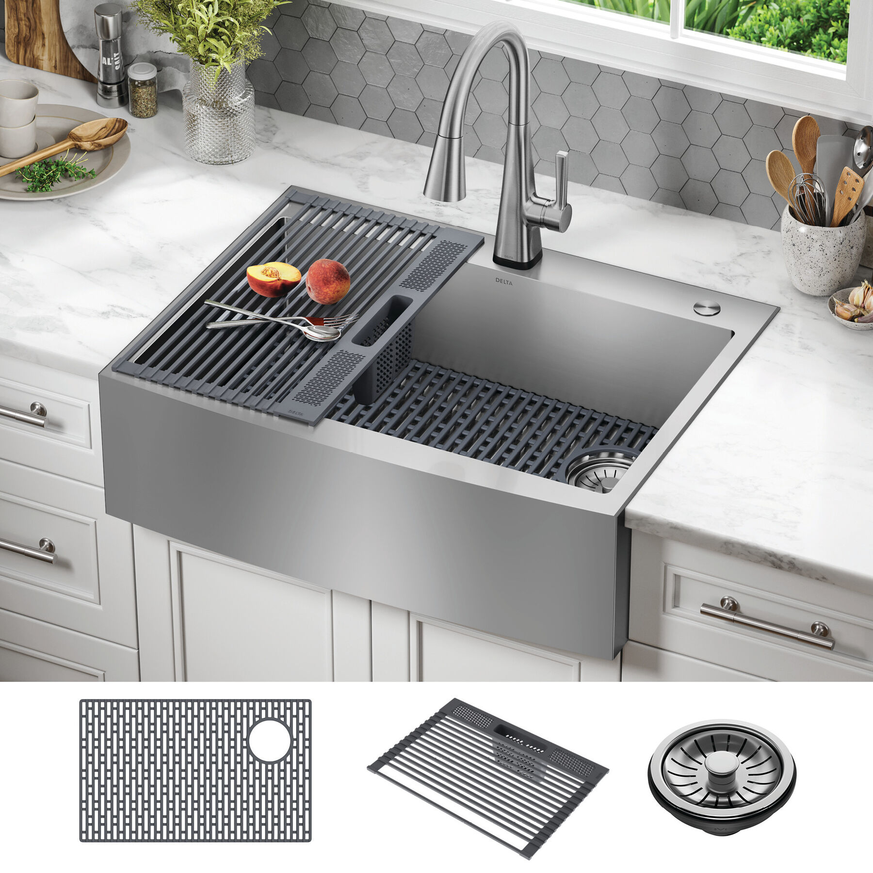 Lavabo de cocina para reacondicionamiento estilo campestre/borde delantero con un receptáculo de acero inoxidable calibre 16 de 30", para instalación de montaje bajo encimera/encastrado con accesorios, imagen 13