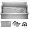 Lavabo de cocina para reacondicionamiento estilo campestre/borde delantero con un receptáculo de acero inoxidable calibre 16 de 33", para instalación de montaje bajo encimera/encastrado con accesorios