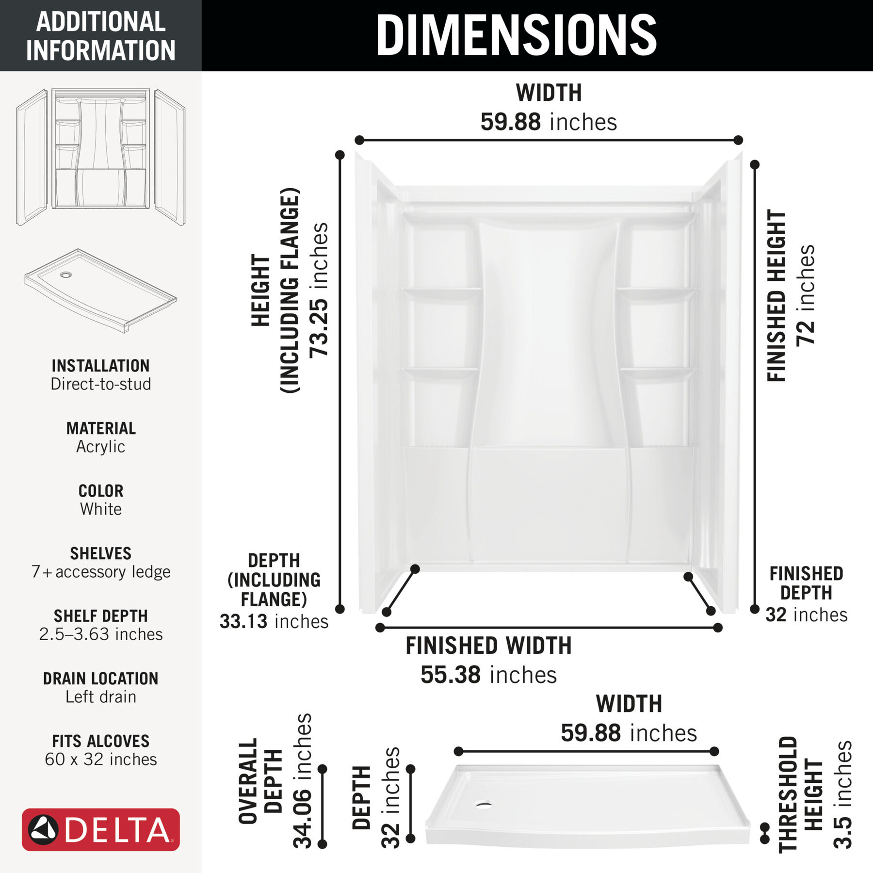 60x32 Alcove Shower Bundle without Door - Left Drain, image 1