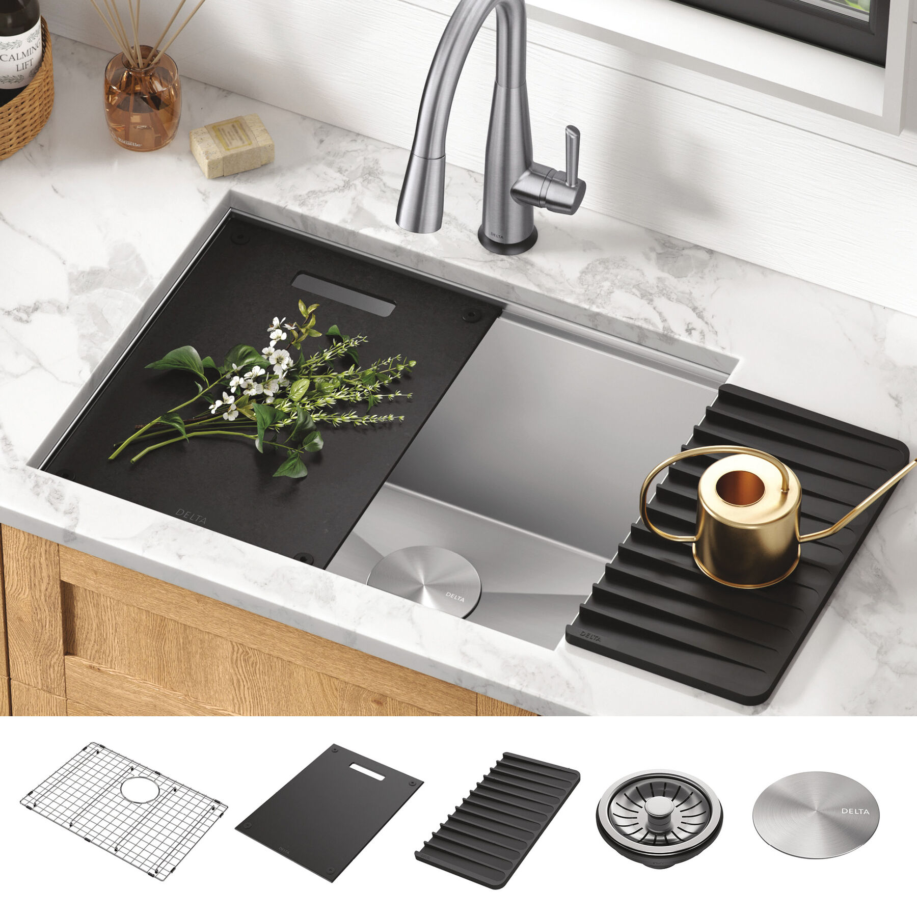 Lavabo de cocina para lavadero tipo estación de trabajo con un receptáculo de acero inoxidable calibre 16 de 24" de montaje bajo encimera, con reborde WorkFlow™ y accesorios, imagen 12