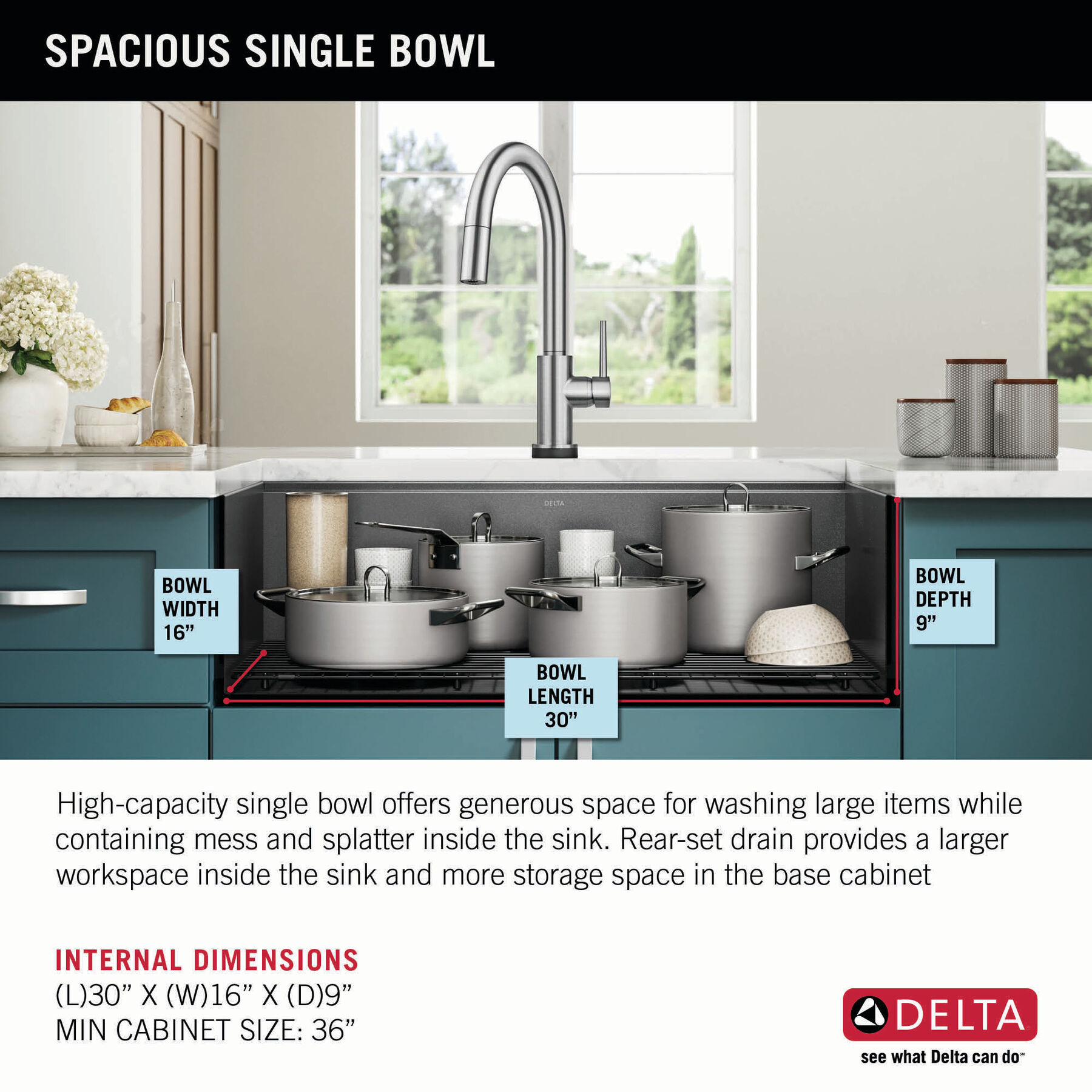 Lavabo de cocina tipo estación de trabajo con un receptáculo calibre 16 de 32" de montaje bajo encimera, con reborde WorkFlow™ y accesorios, imagen 4