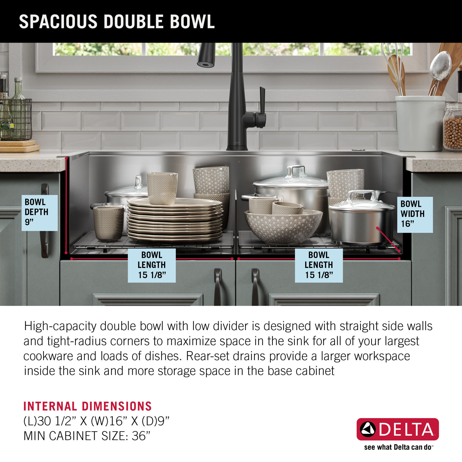 Lavabo de cocina tipo estación de trabajo con dos receptáculos de acero inoxidable 50/50 calibre 16 de 33" de montaje superior encastrado, con reborde WorkFlow™ y accesorios, imagen 3