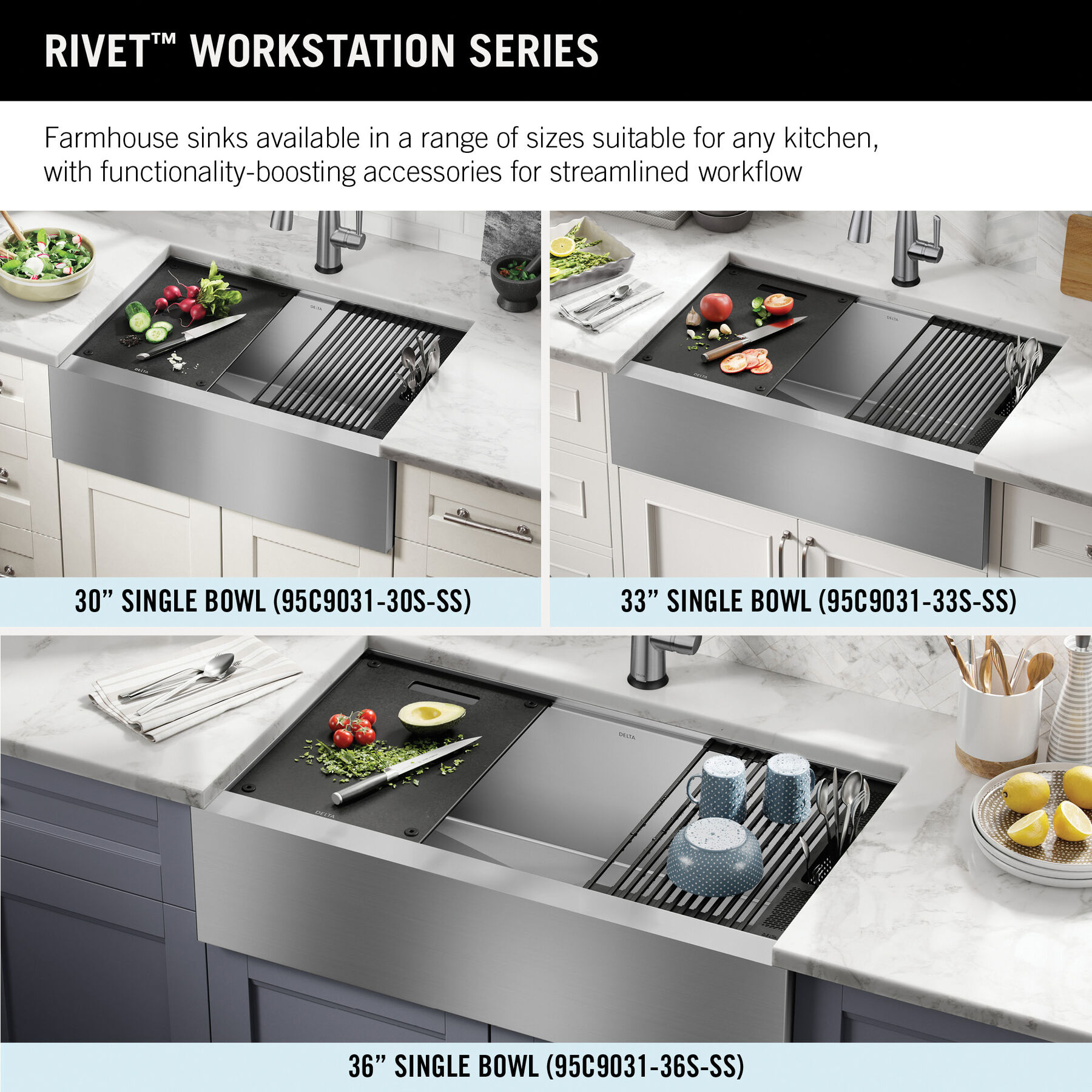 Lavabo de cocina estilo campestre/borde delantero tipo estación de trabajo con un receptáculo de acero inoxidable calibre 16 de 33" de montaje bajo encimera, con reborde WorkFlow™ y accesorios, imagen 5