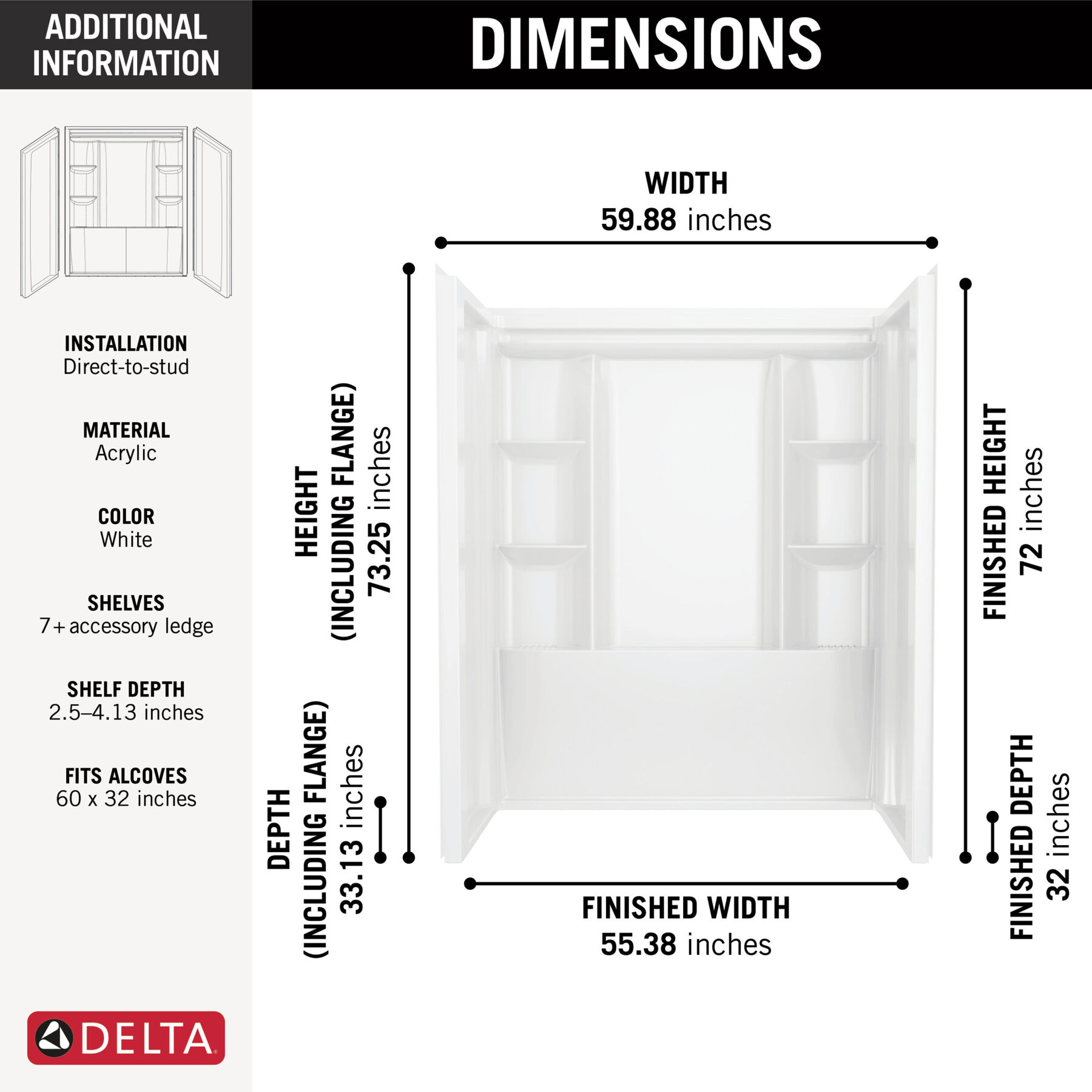60x32 Alcove Shower Bundle with Trim and Drain - Left Drain, image 7