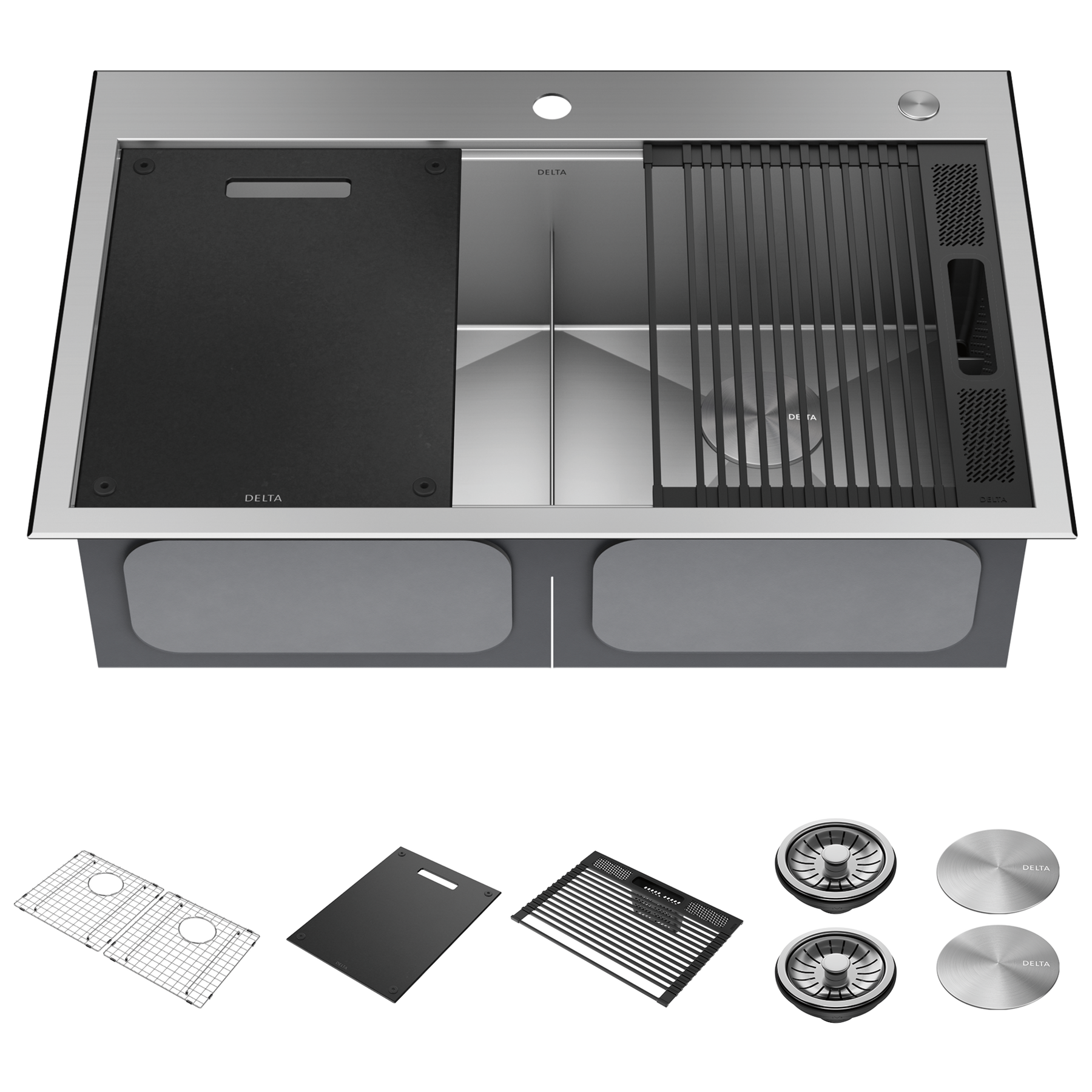 Lavabo de cocina tipo estación de trabajo con dos receptáculos de acero inoxidable 50/50 calibre 16 de 33" de montaje superior encastrado, con reborde WorkFlow™ y accesorios