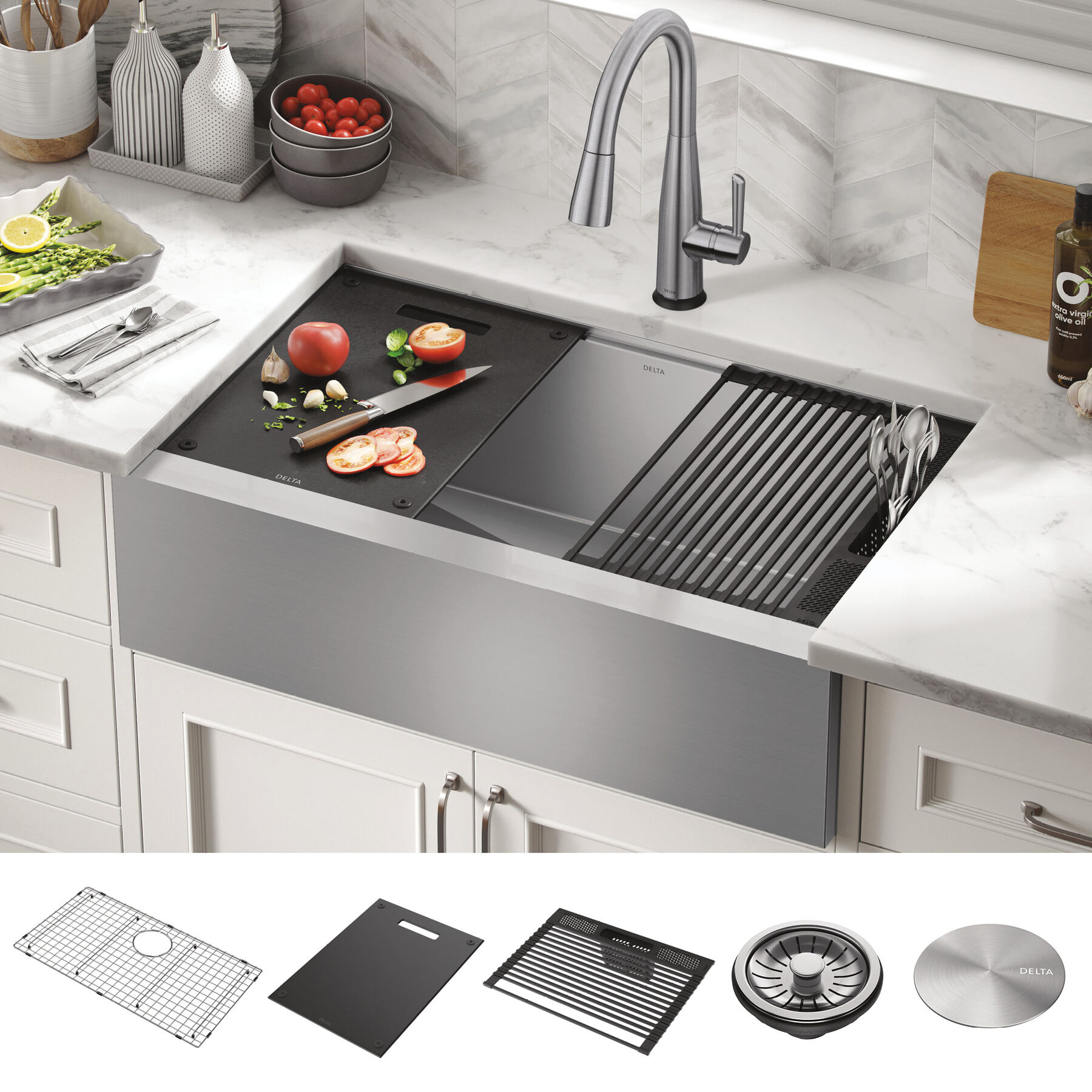 Lavabo de cocina estilo campestre/borde delantero tipo estación de trabajo con un receptáculo de acero inoxidable calibre 16 de 33" de montaje bajo encimera, con reborde WorkFlow™ y accesorios, imagen 11