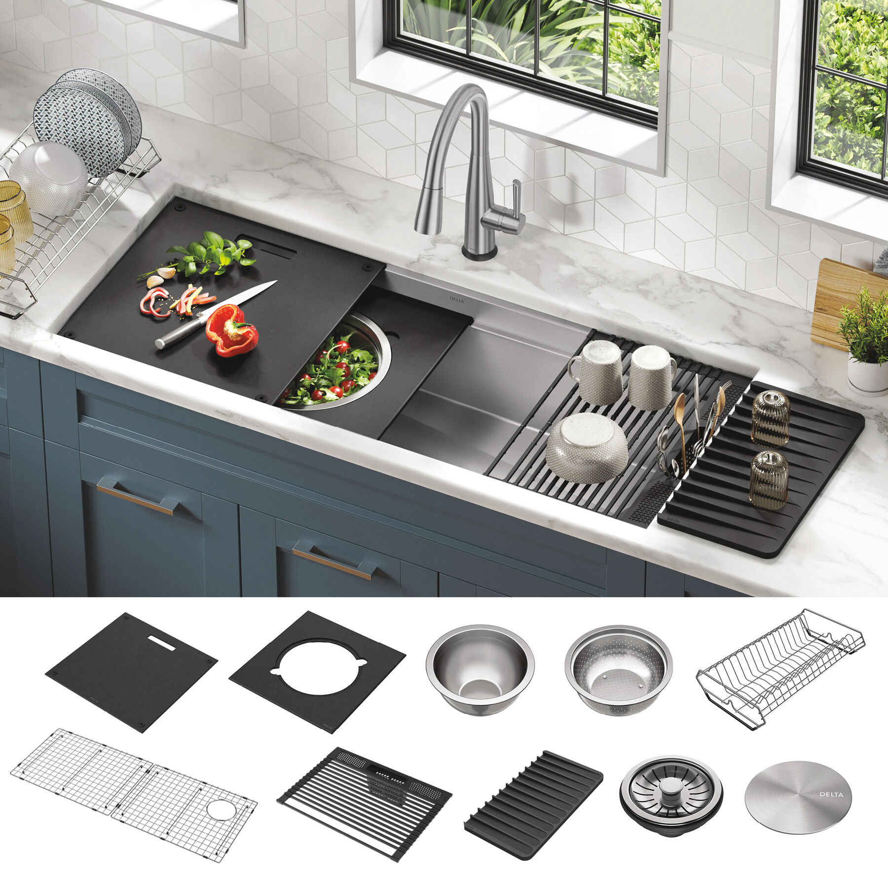 Lavabo de cocina tipo estación de trabajo con un receptáculo de acero inoxidable calibre 16 de 45" de montaje bajo encimera con reborde WorkFlow™ de dos niveles y accesorios, imagen 18
