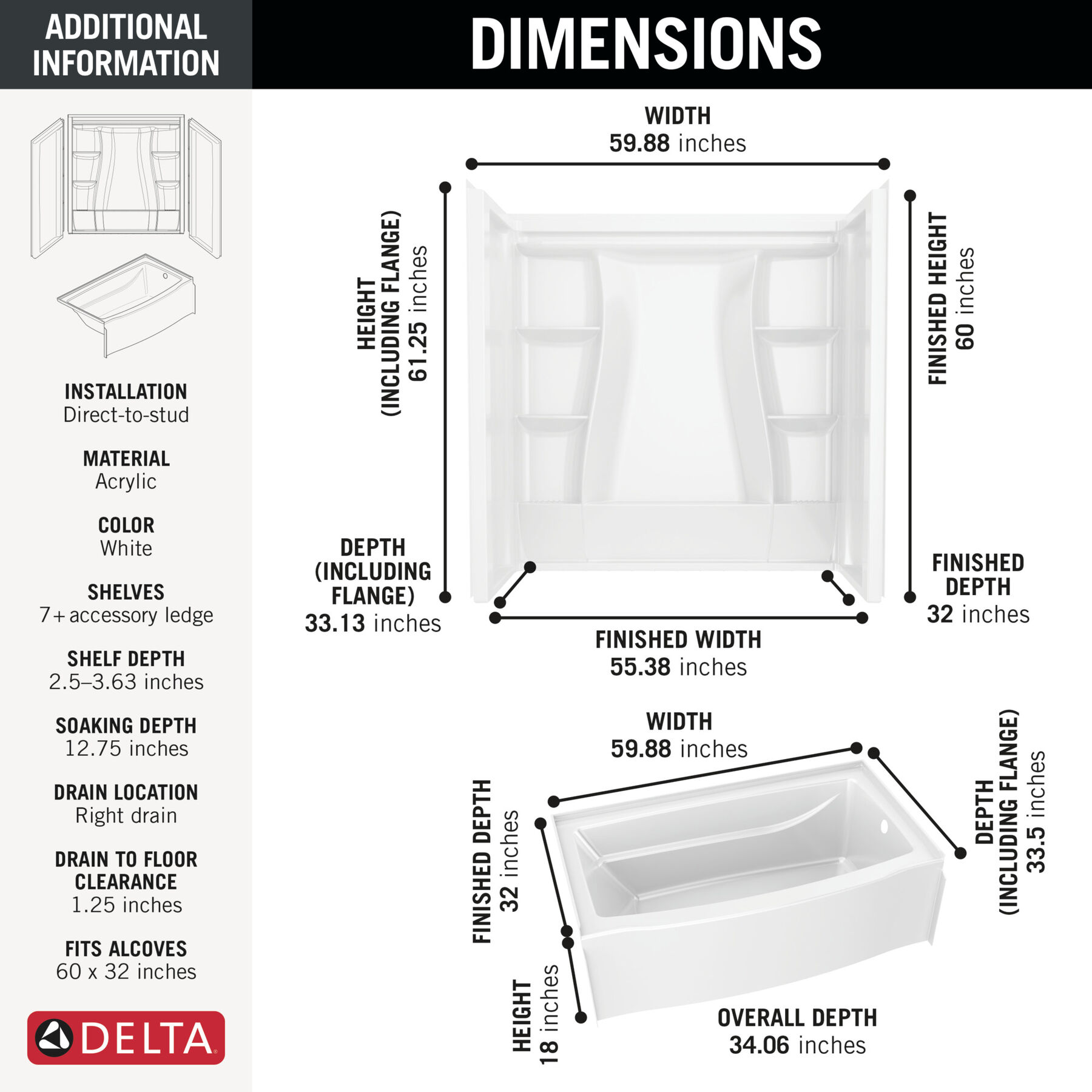 60x32 Alcove Bathtub Bundle without Door - Right Drain, image 1