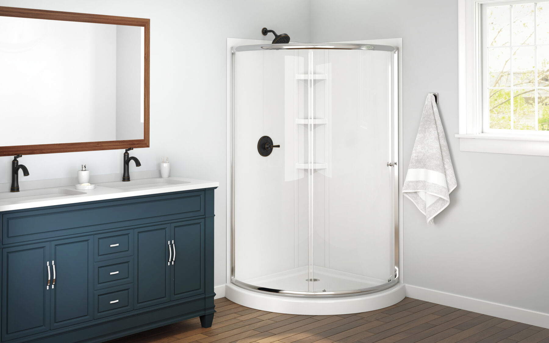 38x38 Corner Shower Bundle with Door - Framed Round with Glue Up Wall Set, image 2