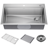 Lavabo de cocina tipo estación de trabajo con un receptáculo de acero inoxidable de 33" de montaje bajo encimera encastrado, con reborde WorkFlow™ y accesorios