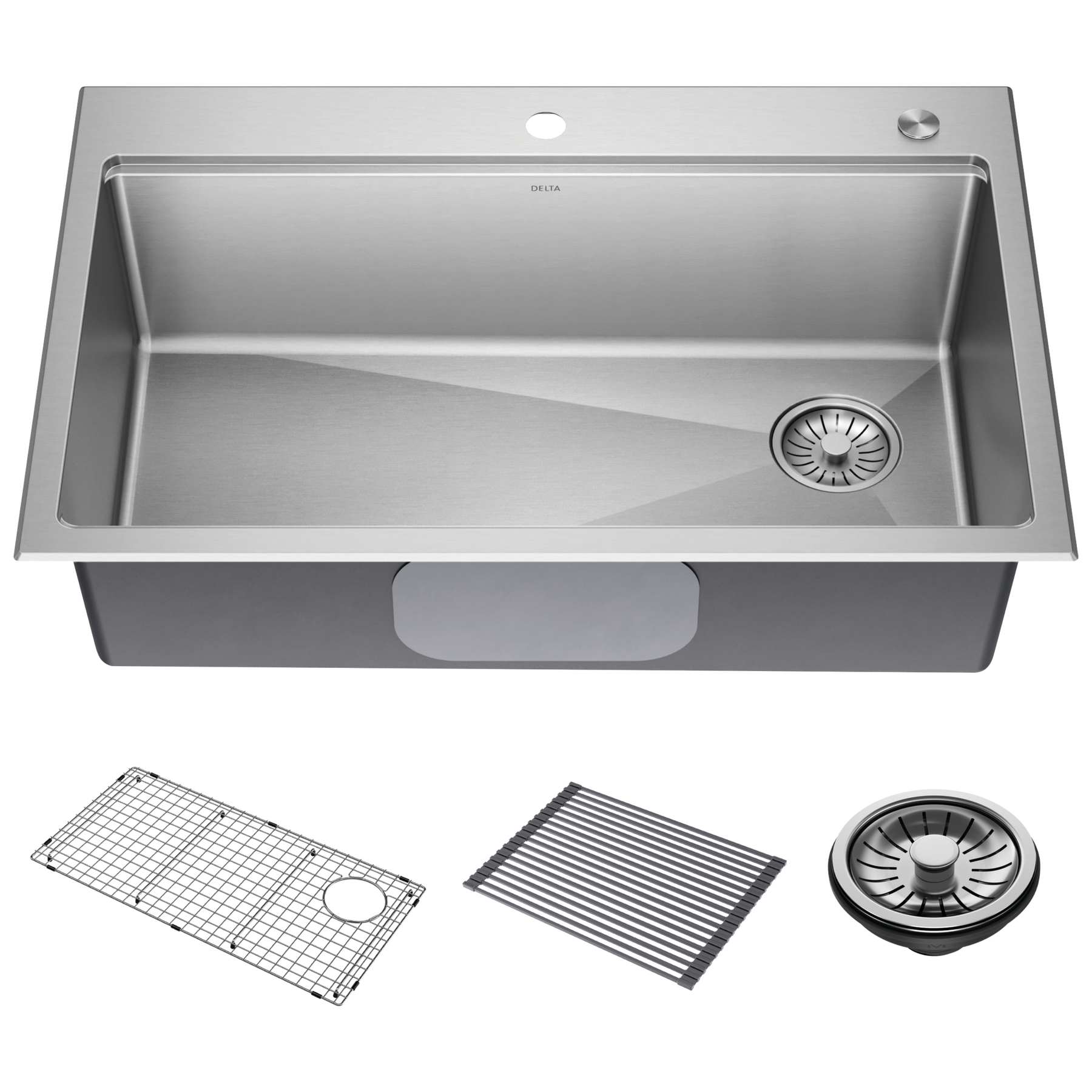 Lavabo de cocina tipo estación de trabajo con un receptáculo de acero inoxidable de 33" de montaje bajo encimera encastrado, con reborde WorkFlow™ y accesorios