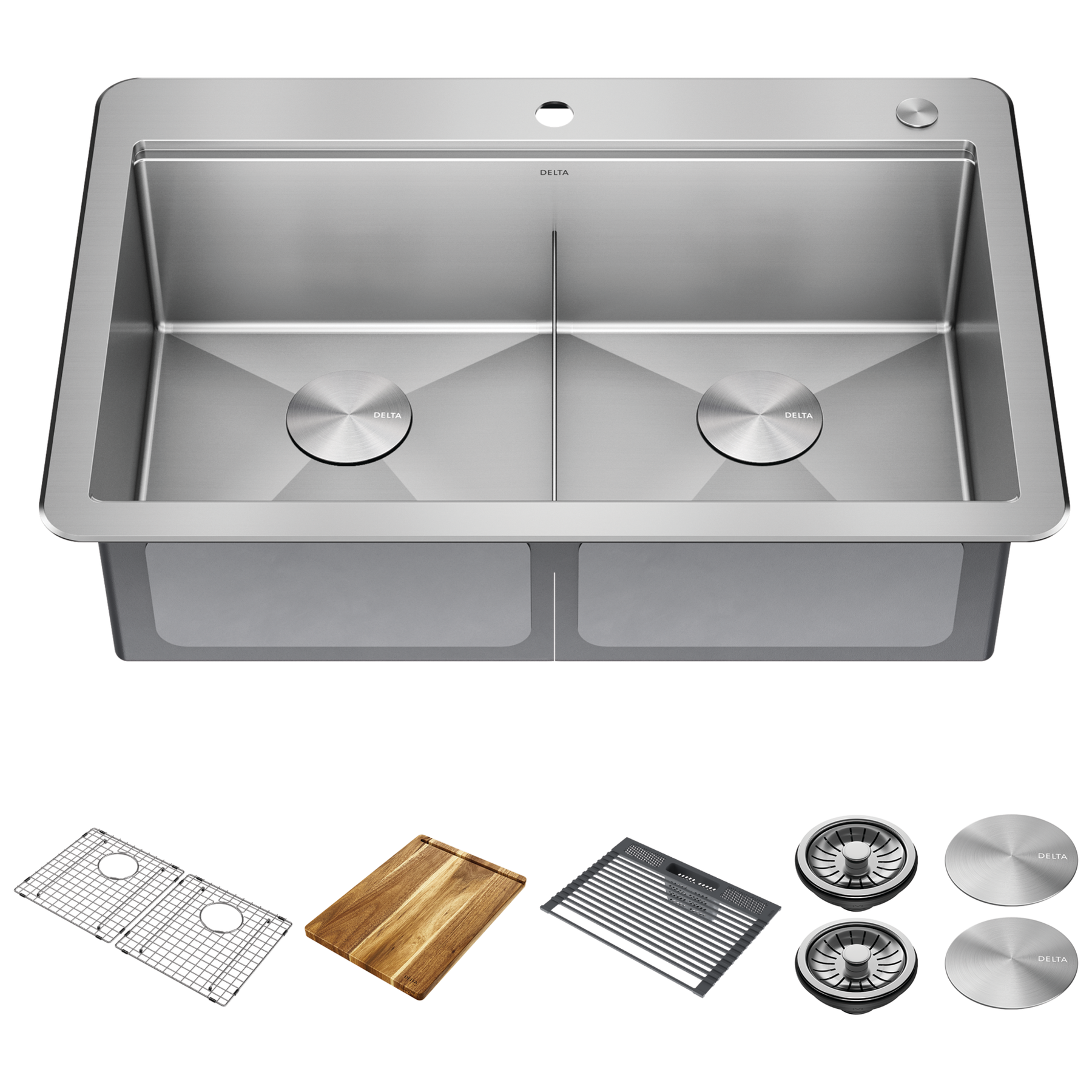 Lavabo de cocina tipo estación de trabajo con dos receptáculos de acero inoxidable calibre 16 de 33" de montaje superior encastrado, con reborde WorkFlow™ y accesorios