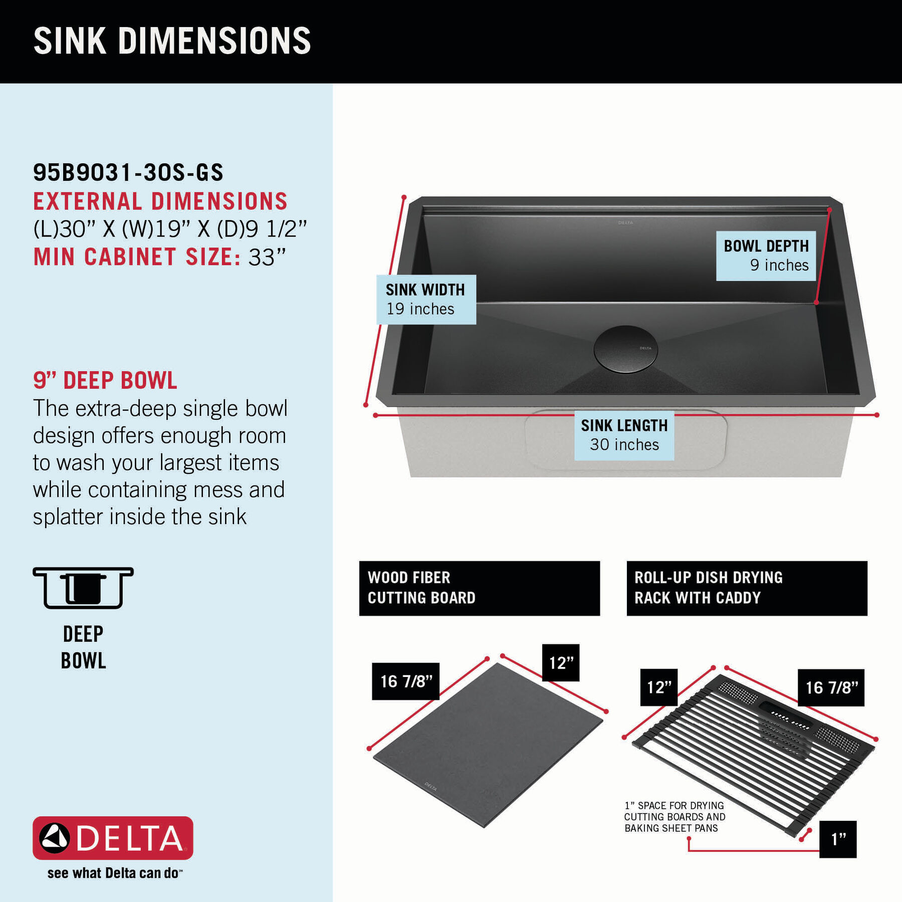 Lavabo de cocina tipo estación de trabajo con un receptáculo calibre 16 de 30" de montaje bajo encimera, con reborde WorkFlow™ y accesorios, imagen 9