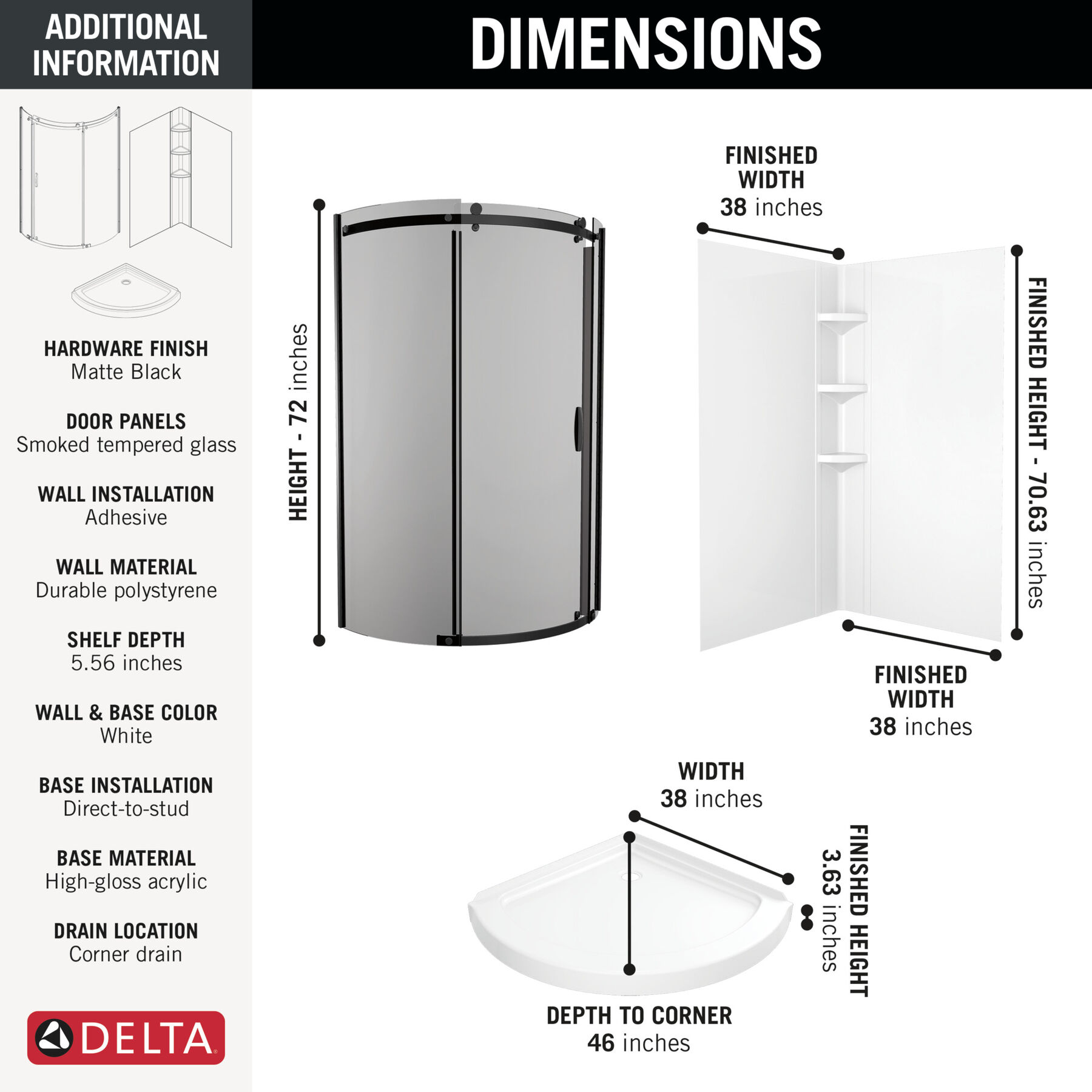 38x38 Corner Shower Bundle with Door - Classic Round with Glue Up Wall Set, image 1
