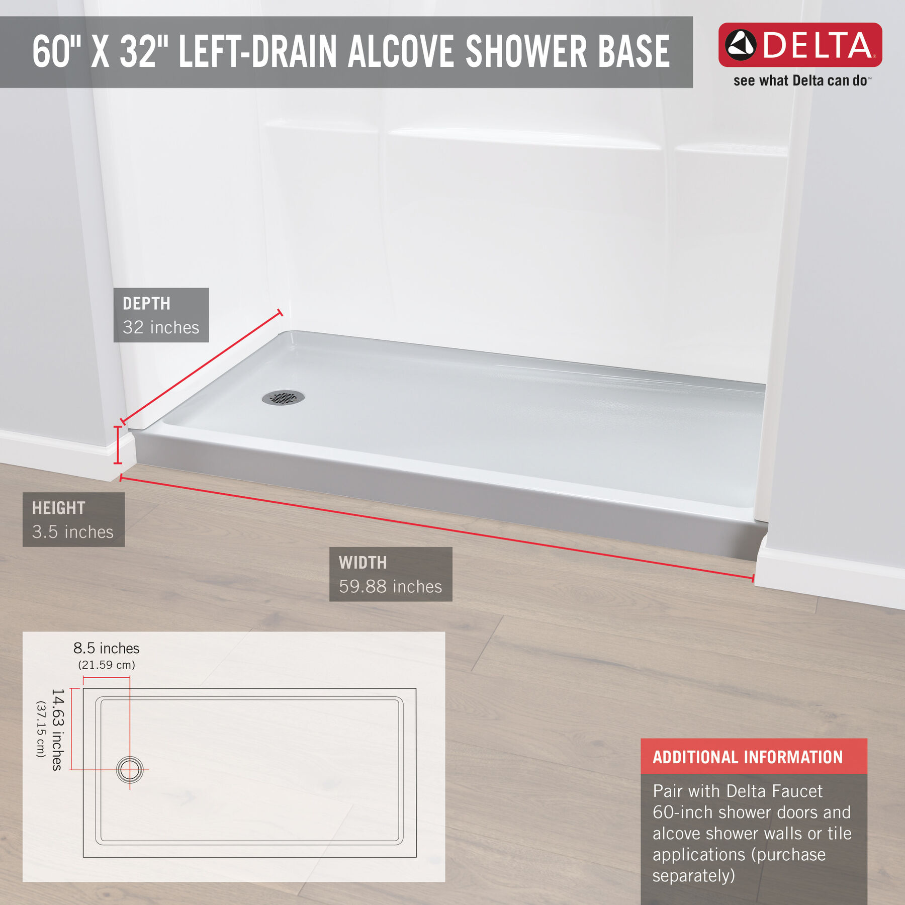 Base para ducha ProCrylic™ de 60" x 32" con desagüe izquierdo, imagen 2