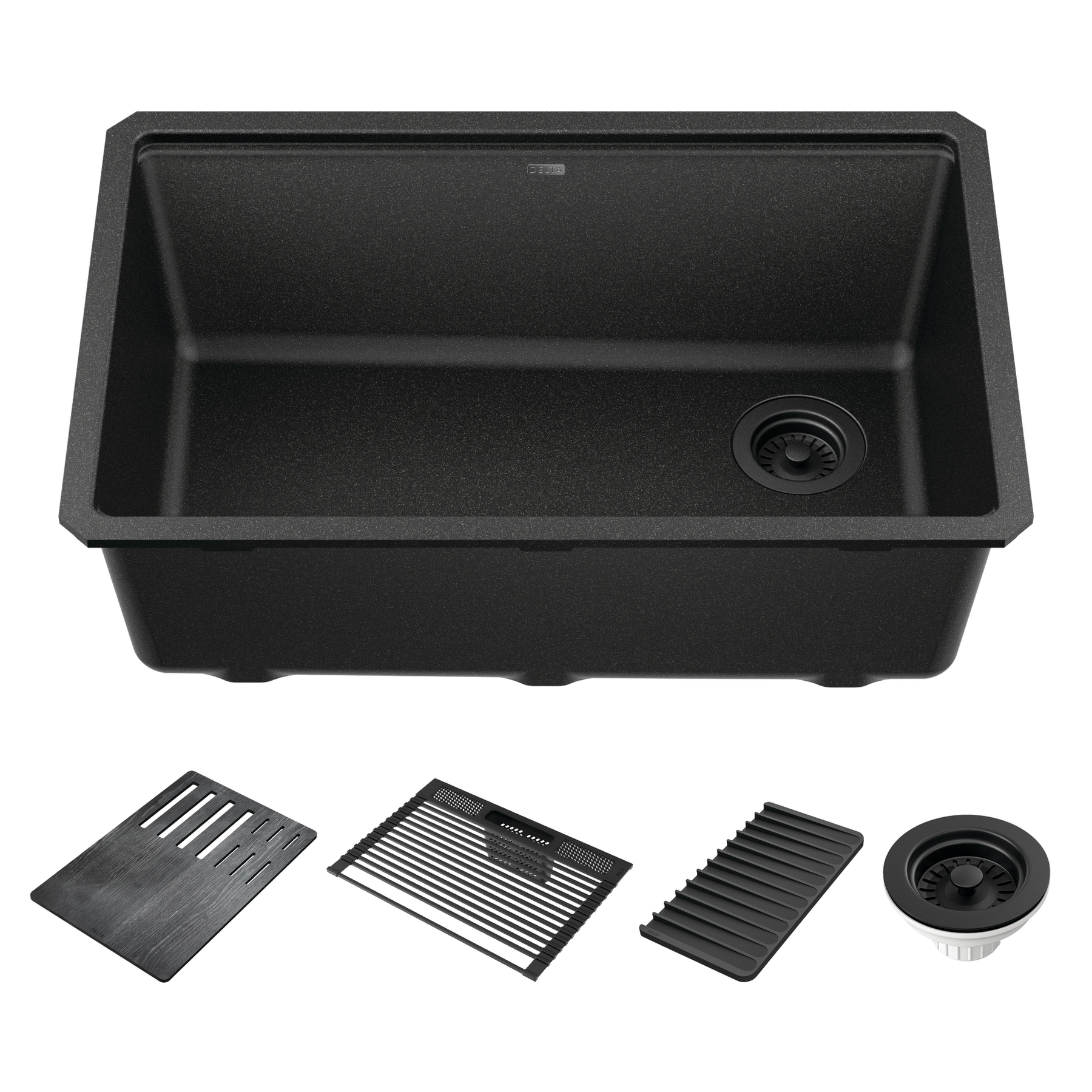 Lavabo de cocina tipo estación de trabajo con un receptáculo de compuesto de granito de 30" de montaje bajo encimera, con reborde WorkFlow™ y accesorios en negro metálico