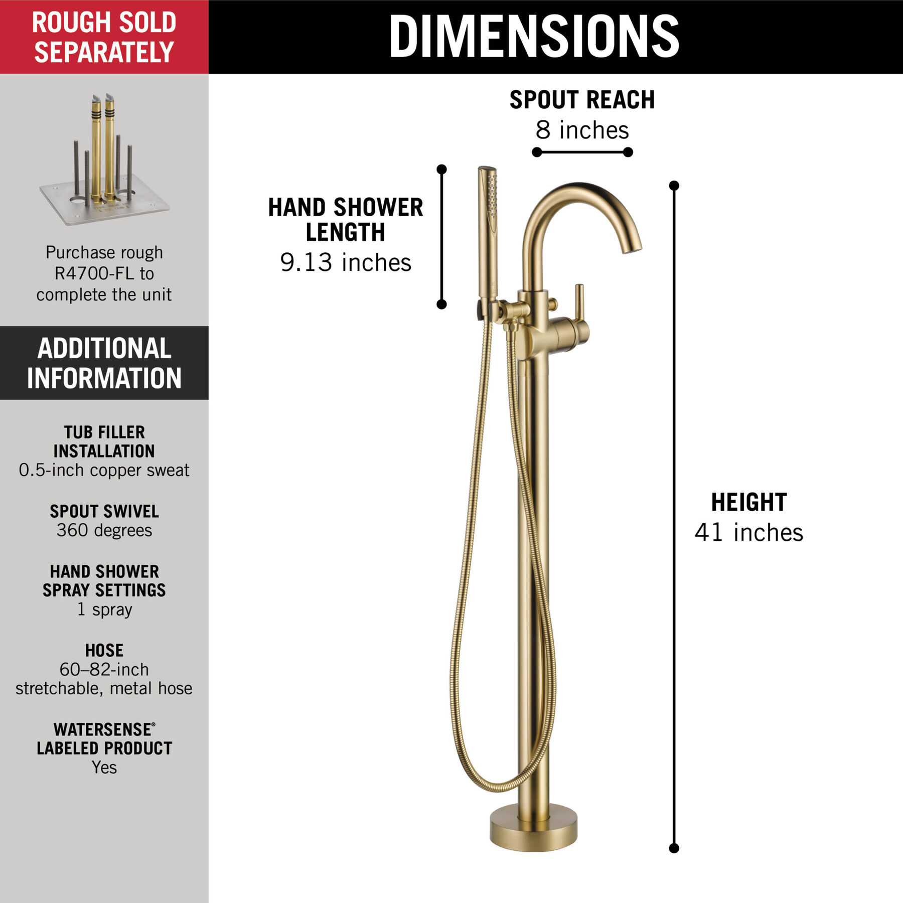 Accesorios de llave de llenado para bañera de montaje en piso estilo contemporáneo (producto recertificado), imagen 3