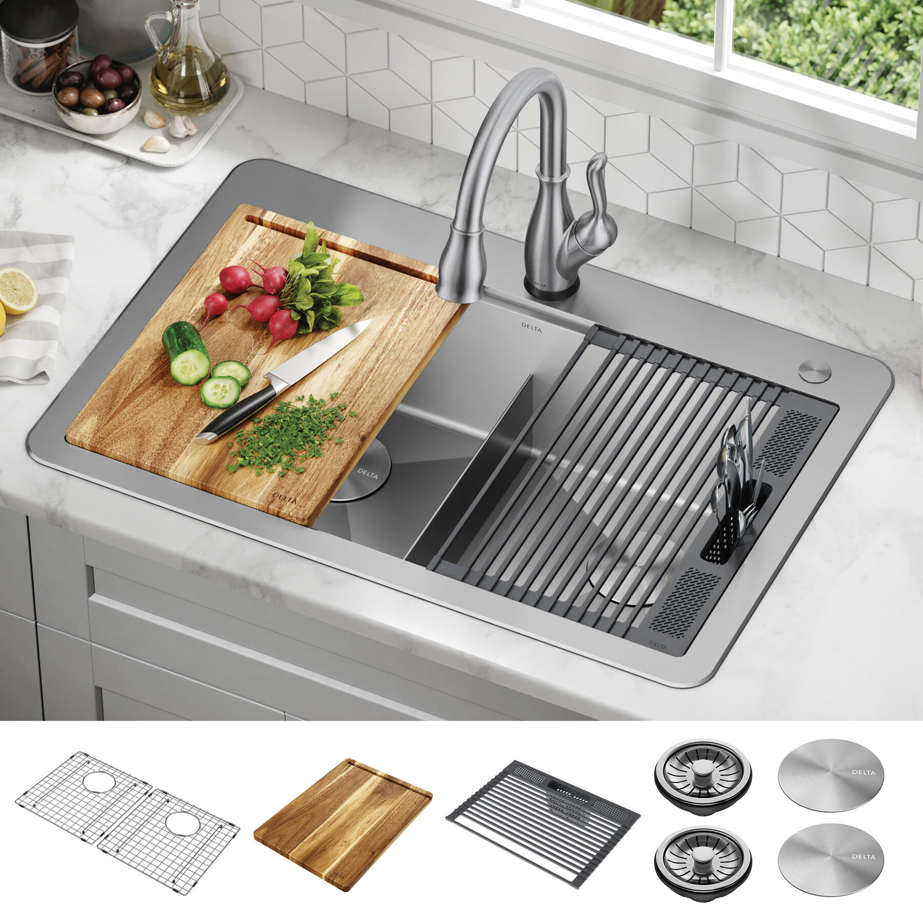 Lavabo de cocina tipo estación de trabajo con dos receptáculos de acero inoxidable calibre 16 de 33" de montaje superior encastrado, con reborde WorkFlow™ y accesorios, imagen 11