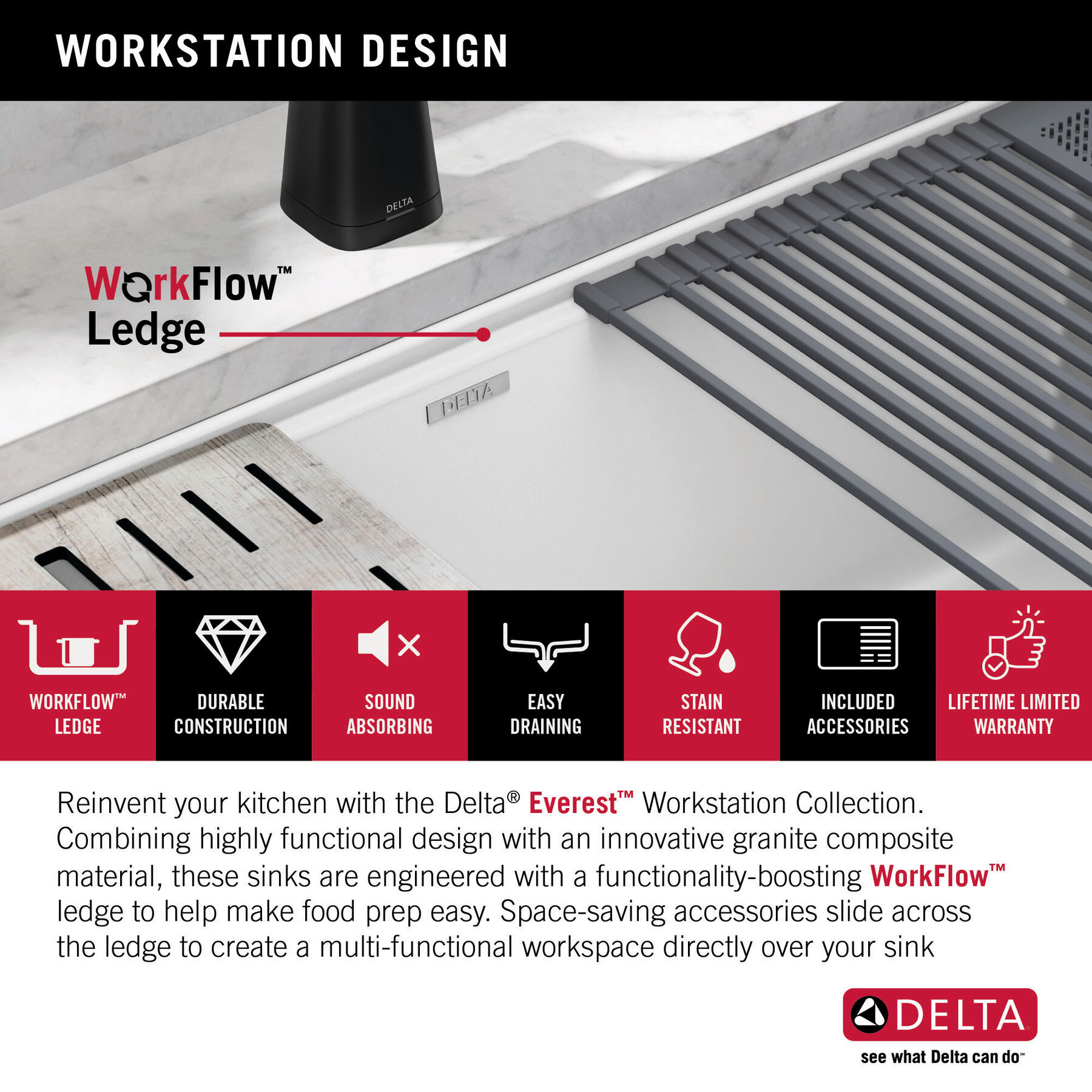Lavabo de cocina tipo estación de trabajo con un receptáculo de compuesto de granito de 32" de montaje bajo encimera, con reborde WorkFlow™ y accesorios, imagen 37