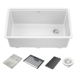 30” Granite Composite Workstation Kitchen Sink Undermount Single Bowl with WorkFlow™ Ledge and Accessories in White