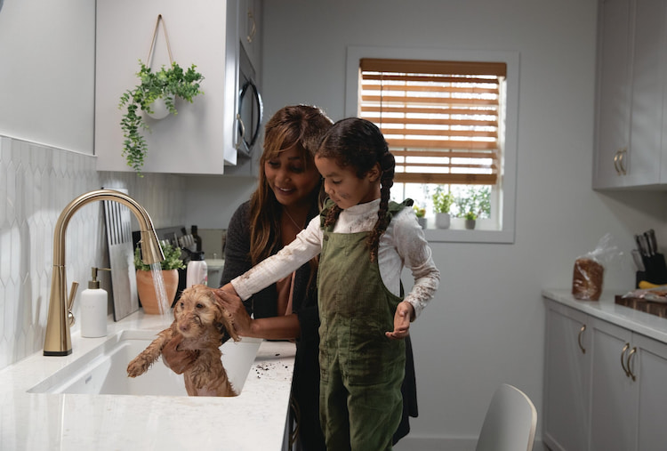 Bañando al perrito en familia en el lavabo tipo estación de trabajo