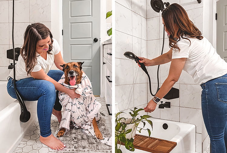 @LollyJaneBlog secando a su perro y regando las plantas en la ducha