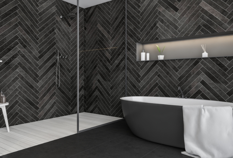 azulejos negros en espinapez para el baño